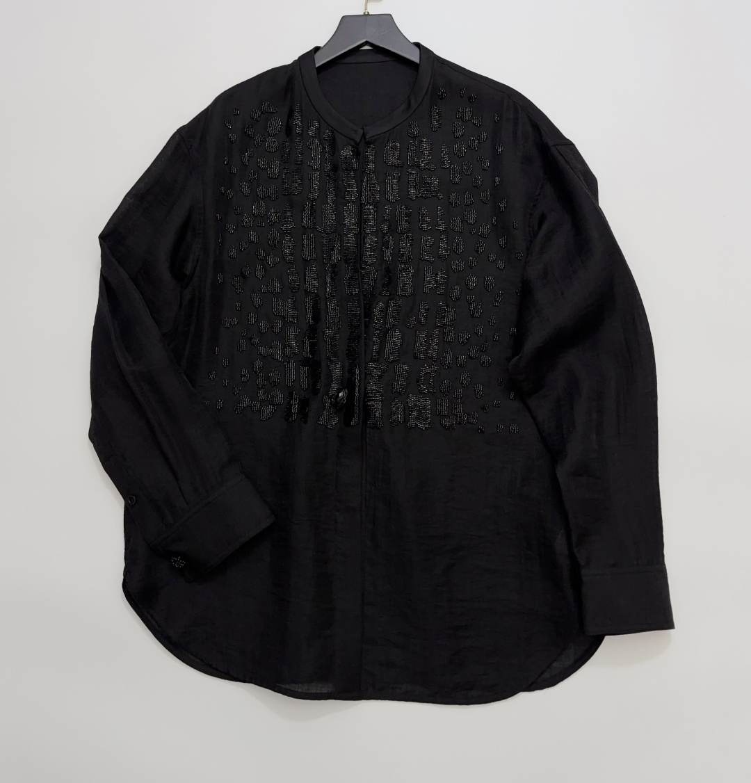 JACQUES WEI Black Hand-Embroidered Beaded Collarless Loose Shirt