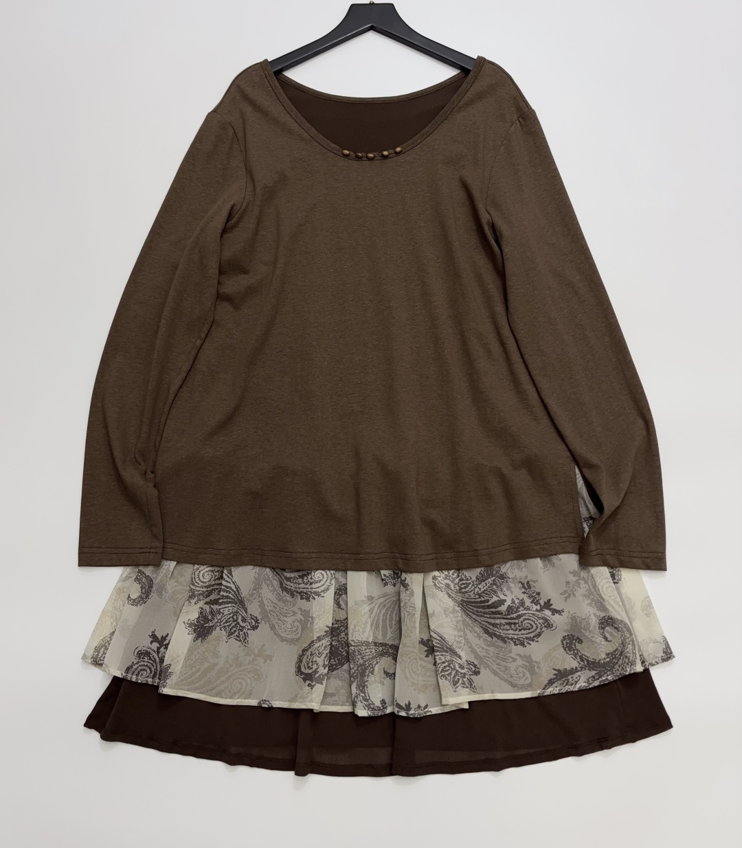AUBRUINO Faux Two-Piece Dress with Wood Bead Embellished Neckline