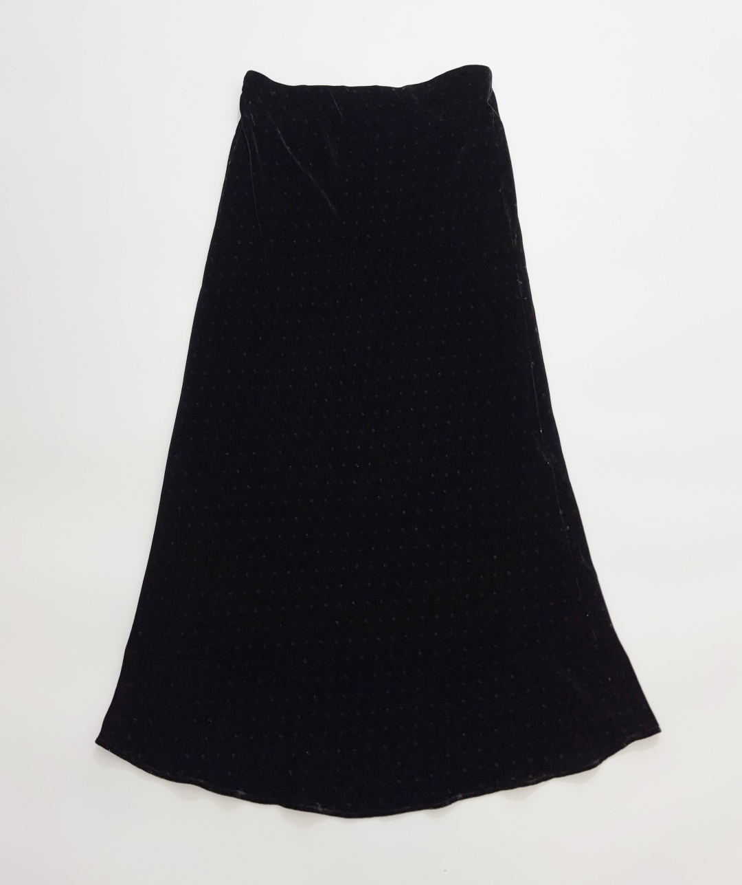 Elegant Vintage High-Waisted Skirt in Black Mulberry Silk Polka Dot Velvet