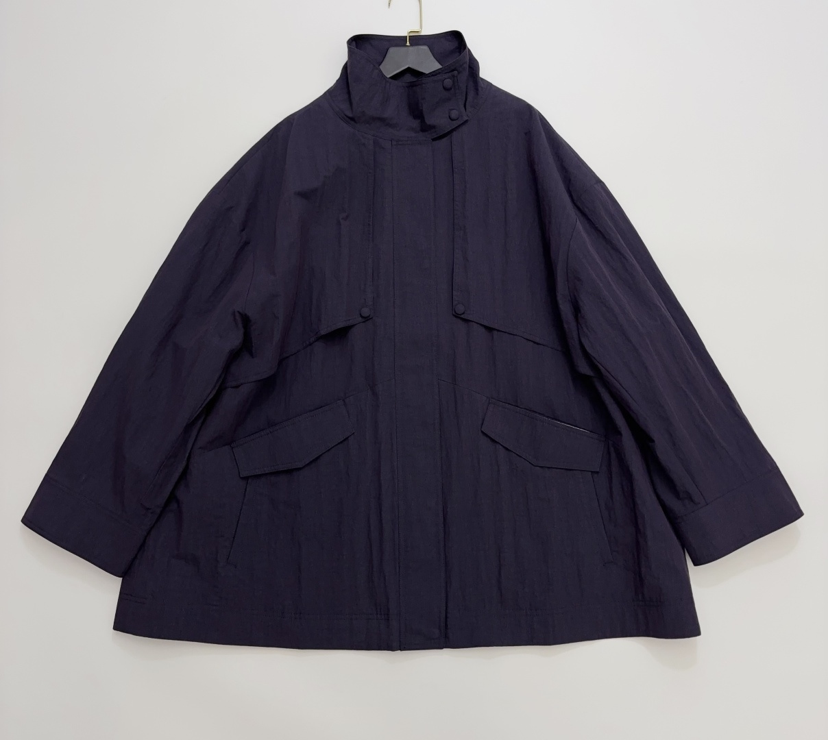 Ethos Stand Collar Trench Coat with Patchwork Pockets and Striped Lining