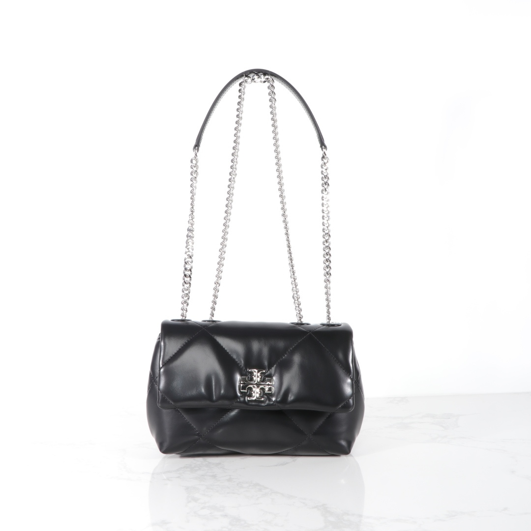 Tory Burch 小号黑色 新款 TB 154706最新款牛皮 云朵包 银色五金链条肩带背包 多功能使用 女士挎包 头层牛皮 可 单肩 可斜挎 超