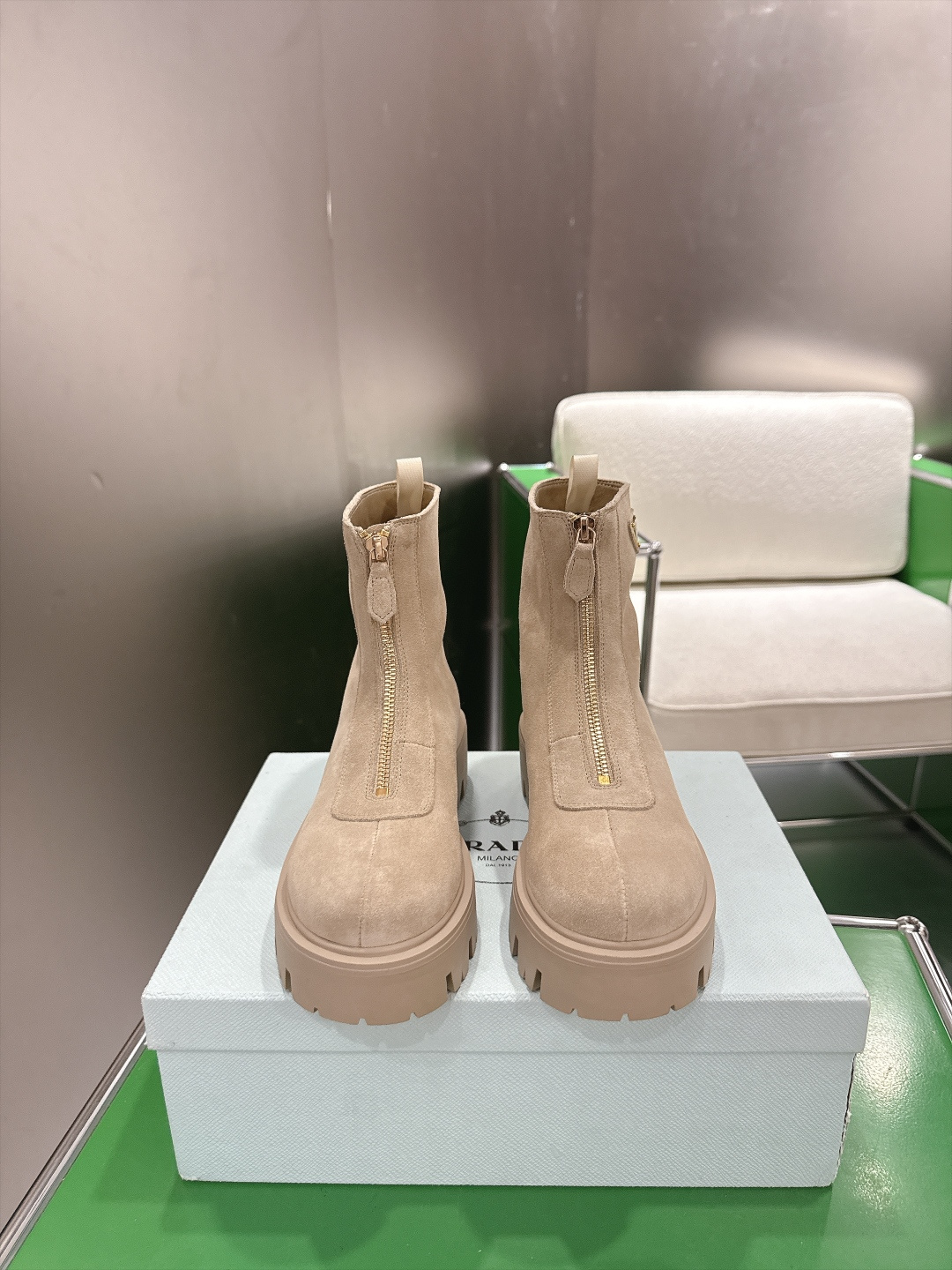 Prada Beige Front Zip Ankle Boots