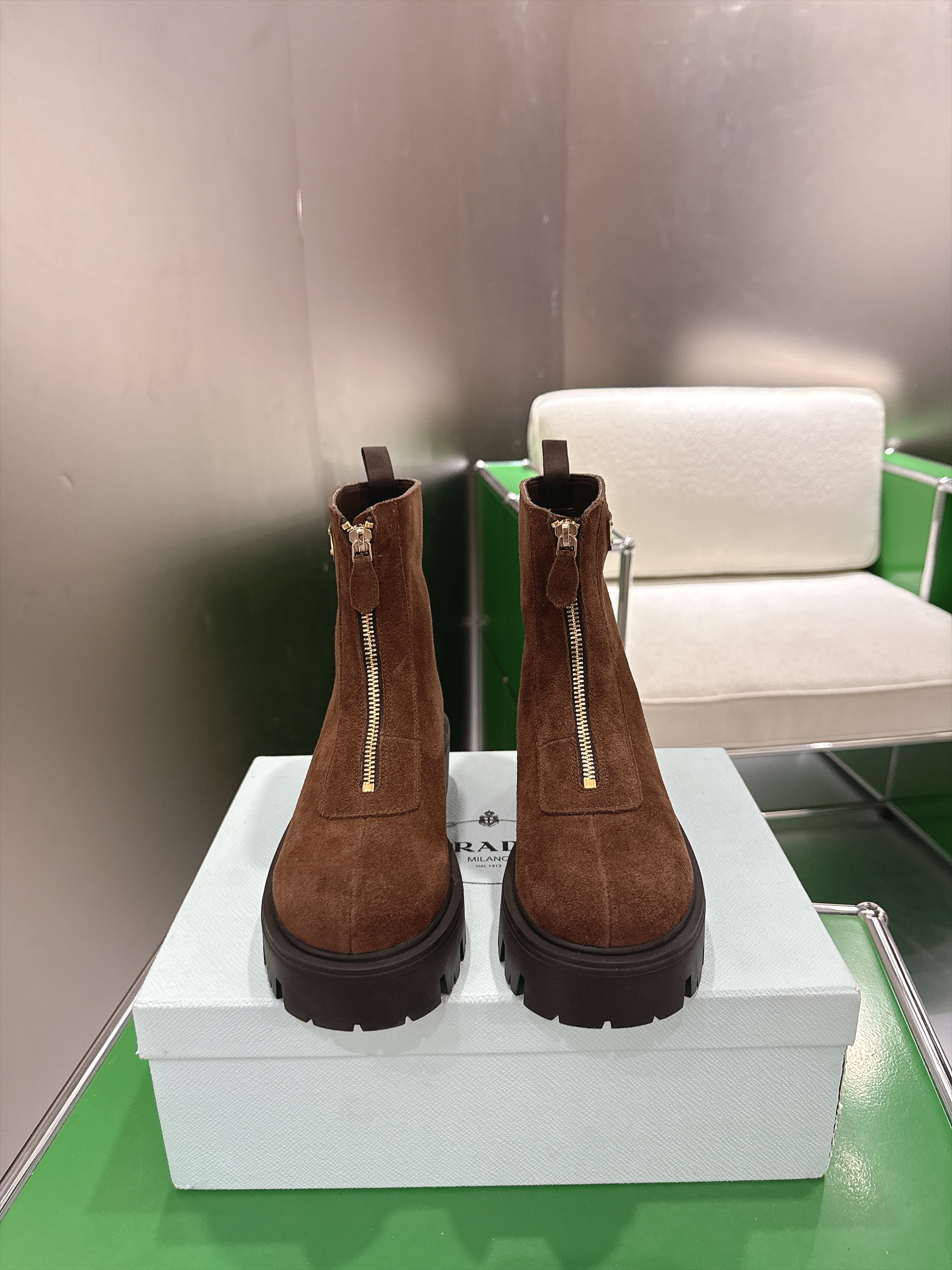 Prada Brown Front Zip Ankle Boots