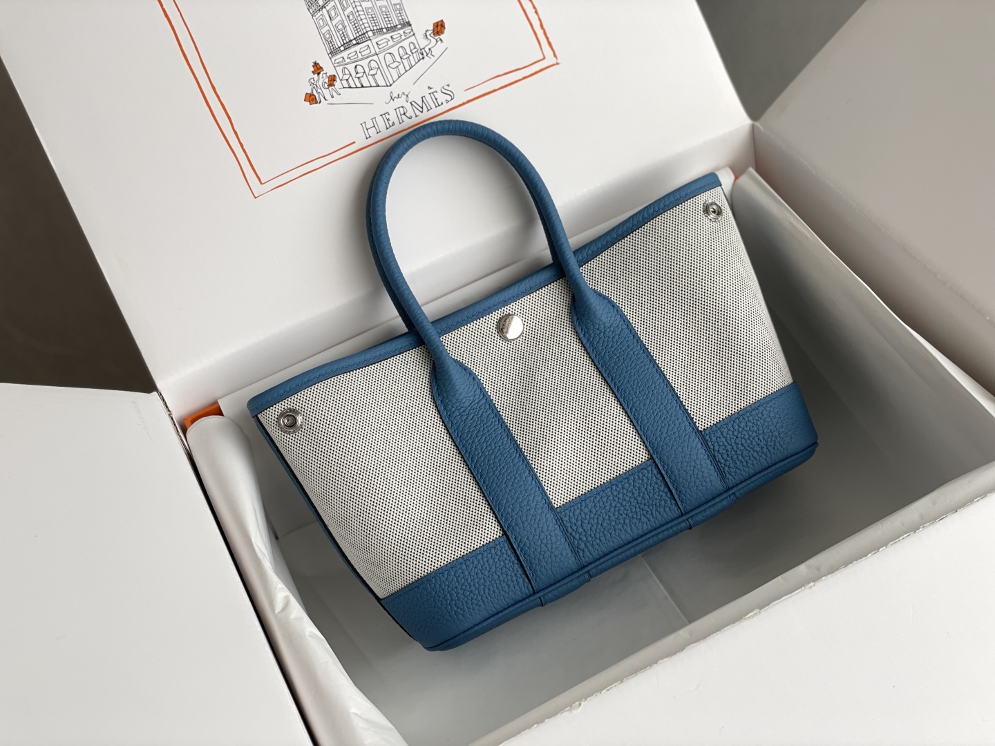 Hermès Garden Party Mini Tas Tanzania Blauw Canvas en Leer - Elegant Design