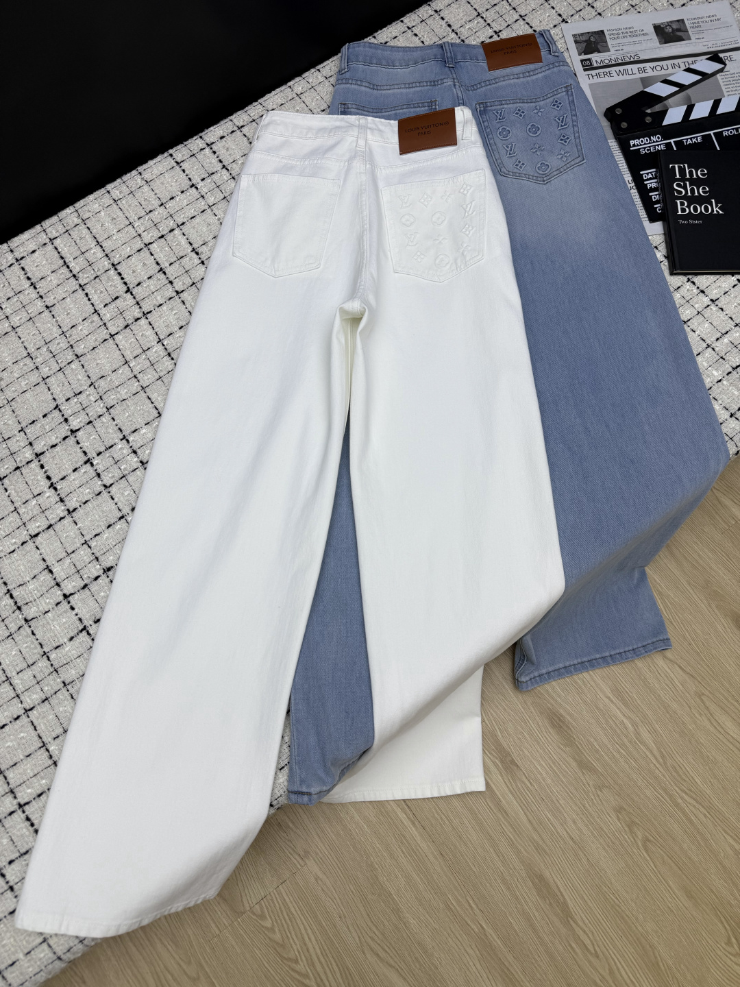 louis vuitton embossed logo wide leg jeans