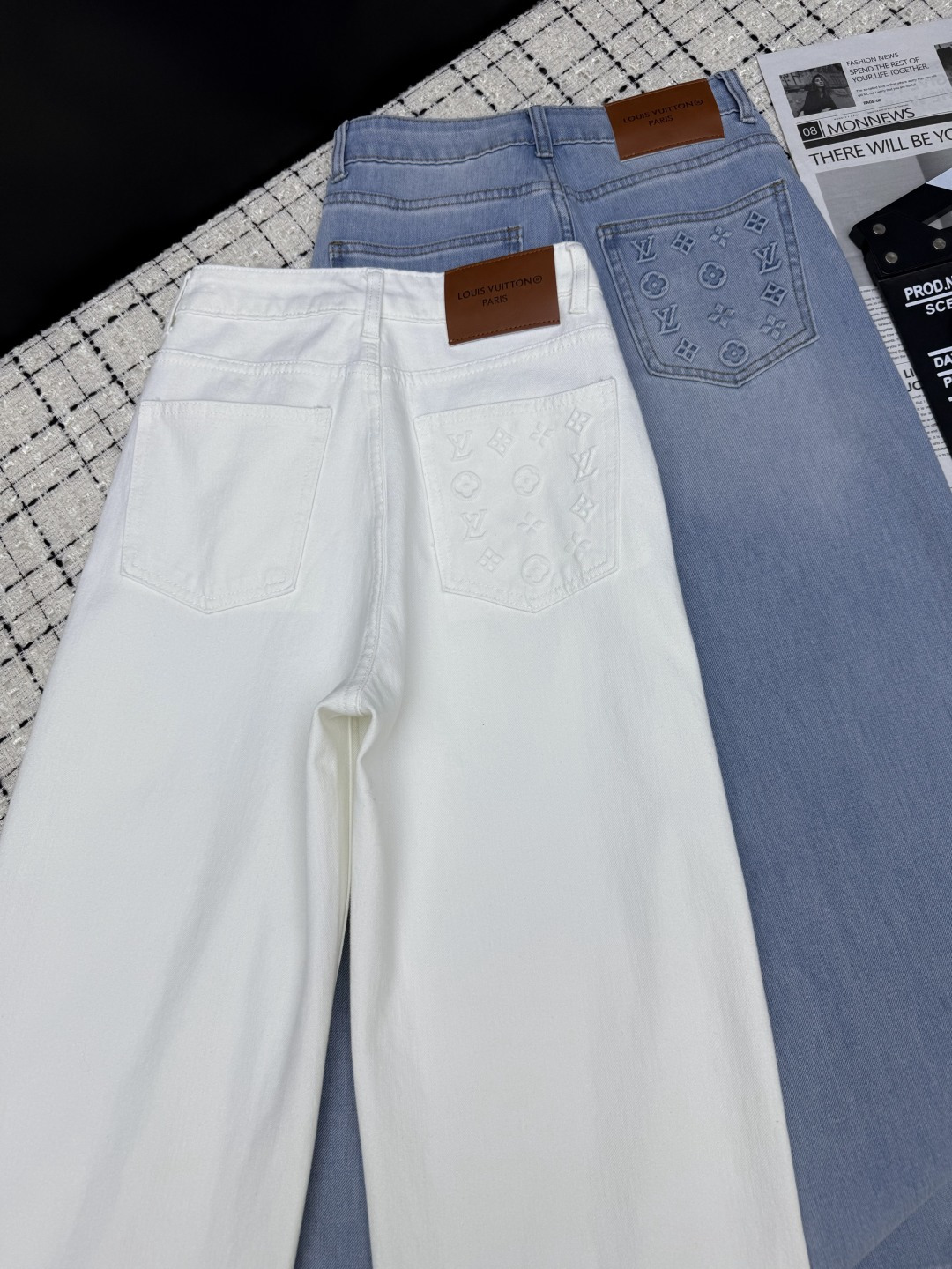 louis vuitton embossed logo wide leg jeans