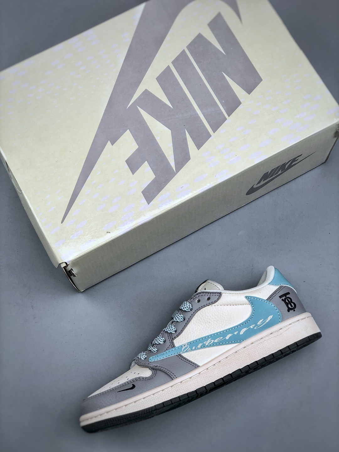 Travis Scott x Burberry Air Jordan 1 Low Grey Blue Reverse Swoosh Sneakers 4 cmp i1746565026985 6536 0 2