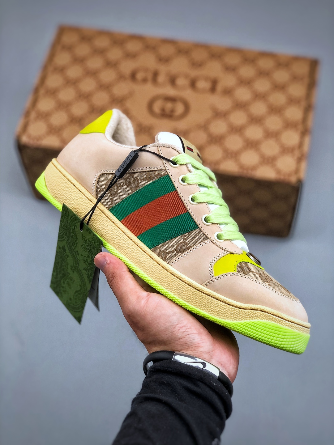 Gucci Men's Screener Sneaker with Double G, Beige Leather, Green and Orange Web 2 cmp i1748974373634 3811 0 0