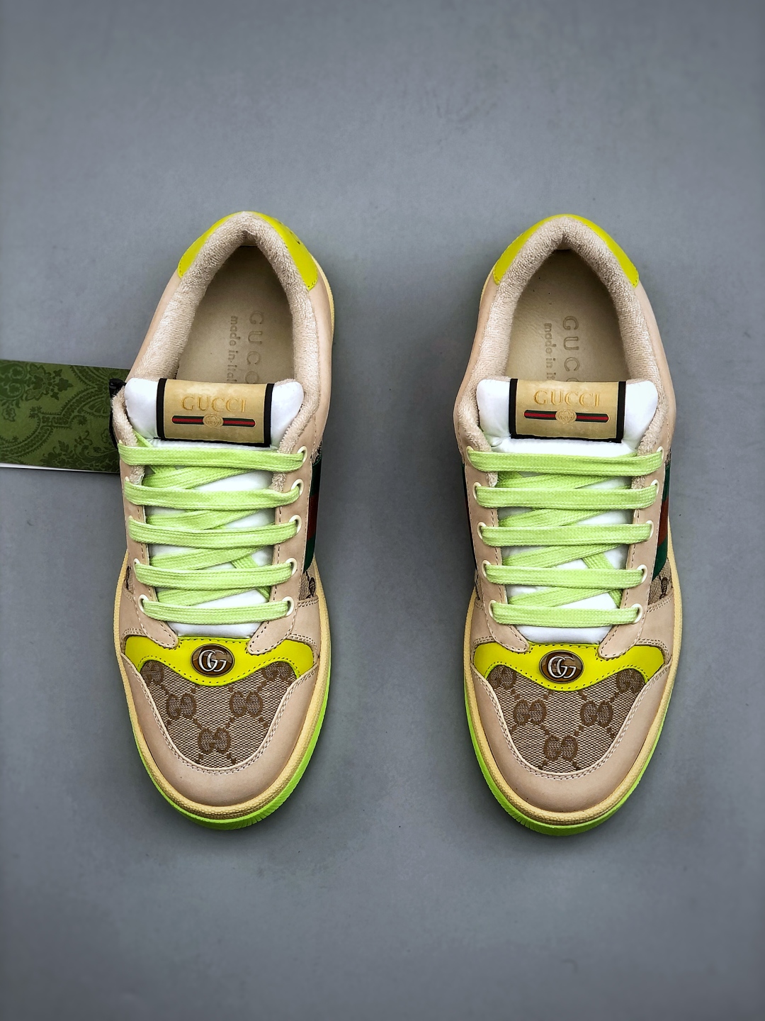 Gucci Men's Screener Sneaker with Double G, Beige Leather, Green and Orange Web 6 cmp i1748974373641 6614 0 4