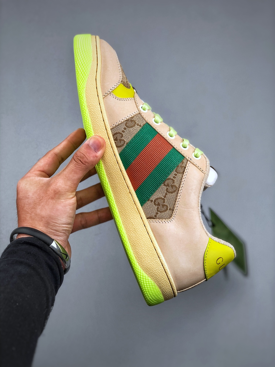 Gucci Men's Screener Sneaker with Double G, Beige Leather, Green and Orange Web 3 cmp i1748974373650 3121 0 1