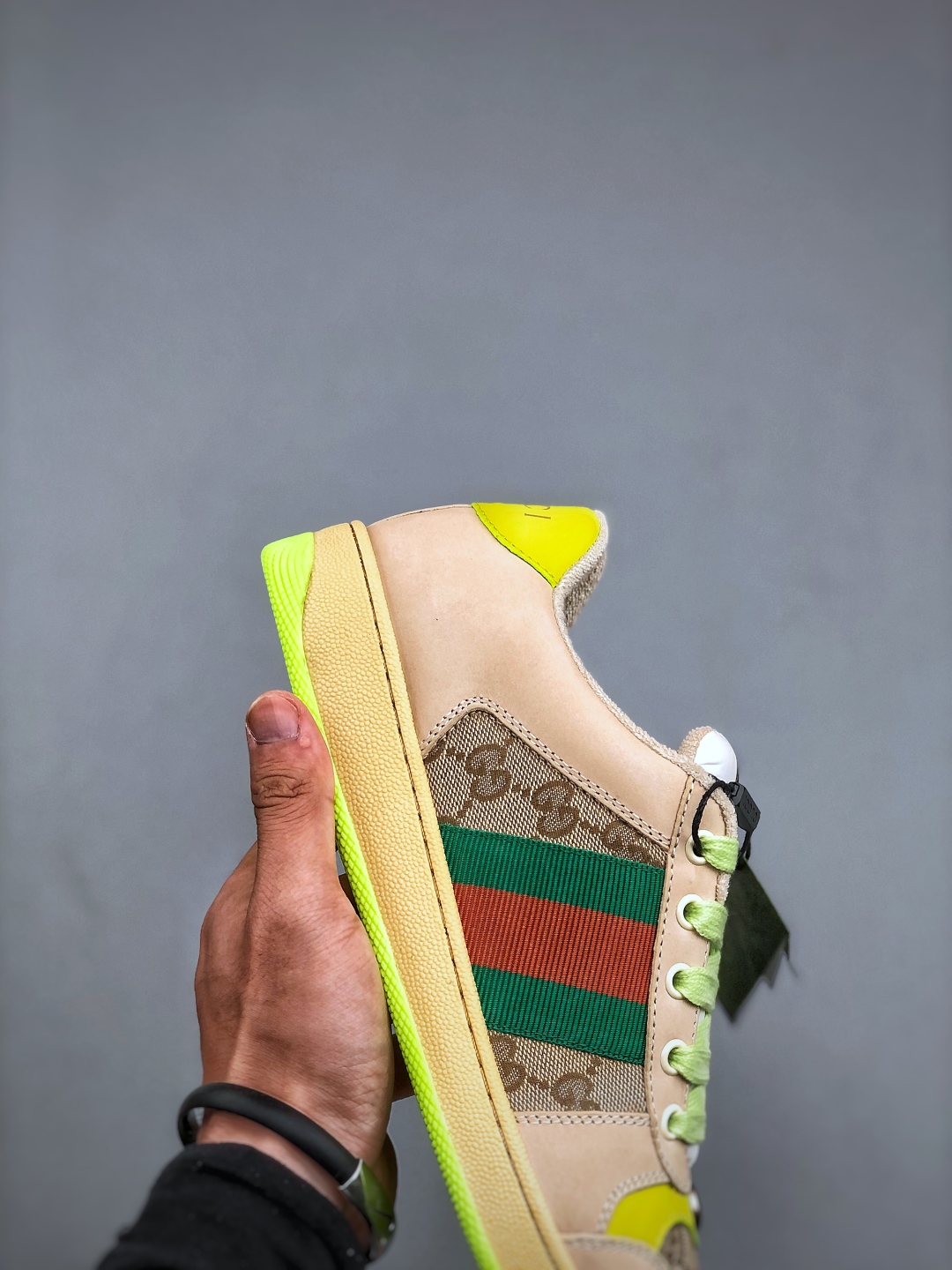 Gucci Men's Screener Sneaker with Double G, Beige Leather, Green and Orange Web 7 cmp i1748974375396 7444 0 5