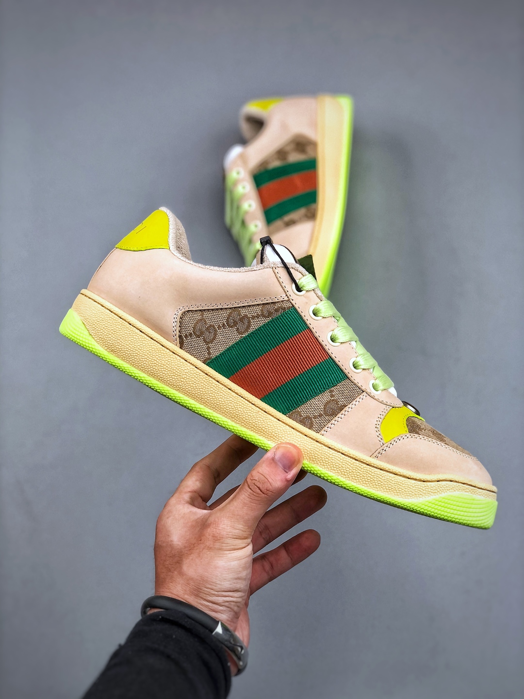 Gucci Men's Screener Sneaker with Double G, Beige Leather, Green and Orange Web 5 cmp i1748974375404 8982 0 3