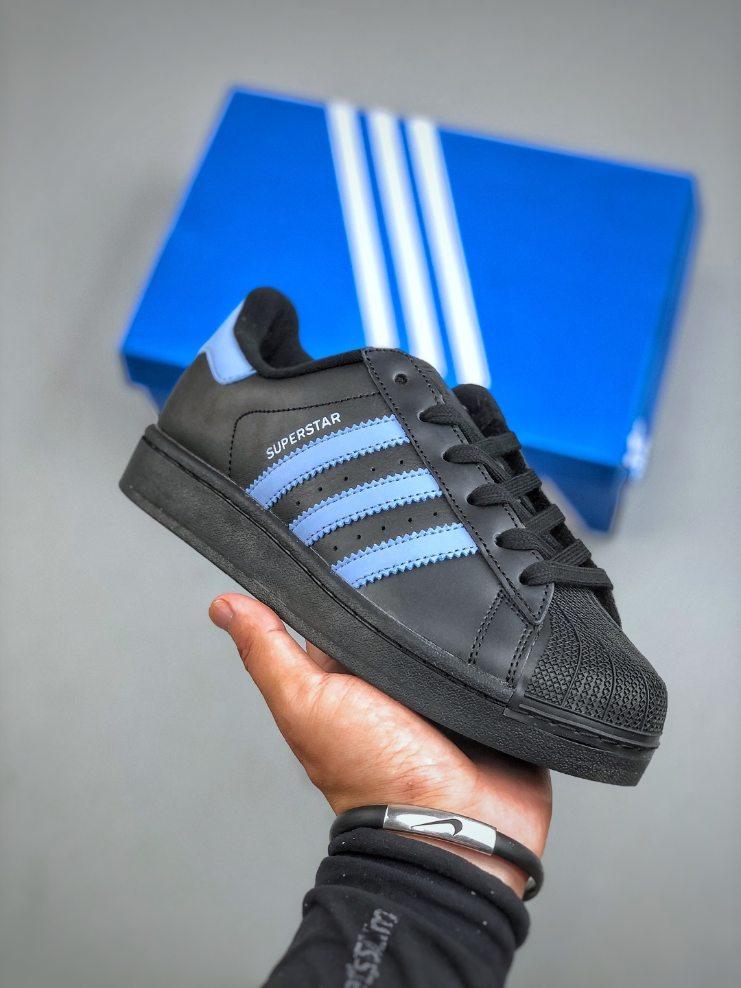 Adidas Originals Superstar II Black/Blue Leather Sneakers, Men's Size 7-12