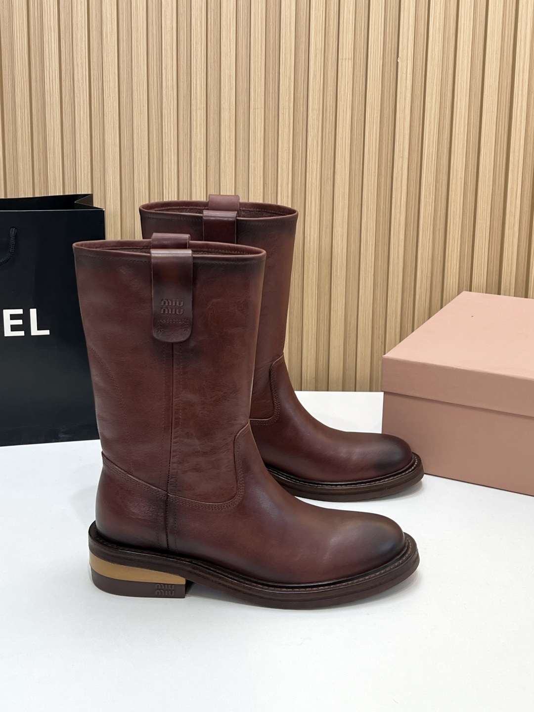 MIU MIU Brown Fume Calf Boots