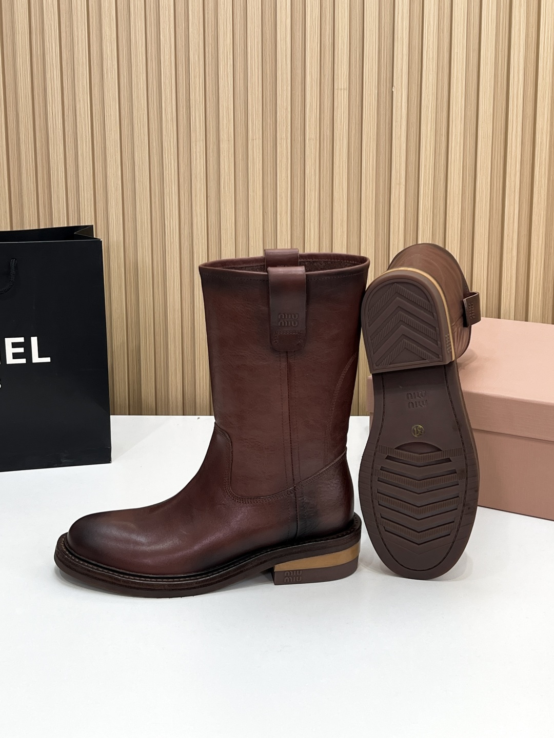 MIU MIU Brown Fume Calf Boots