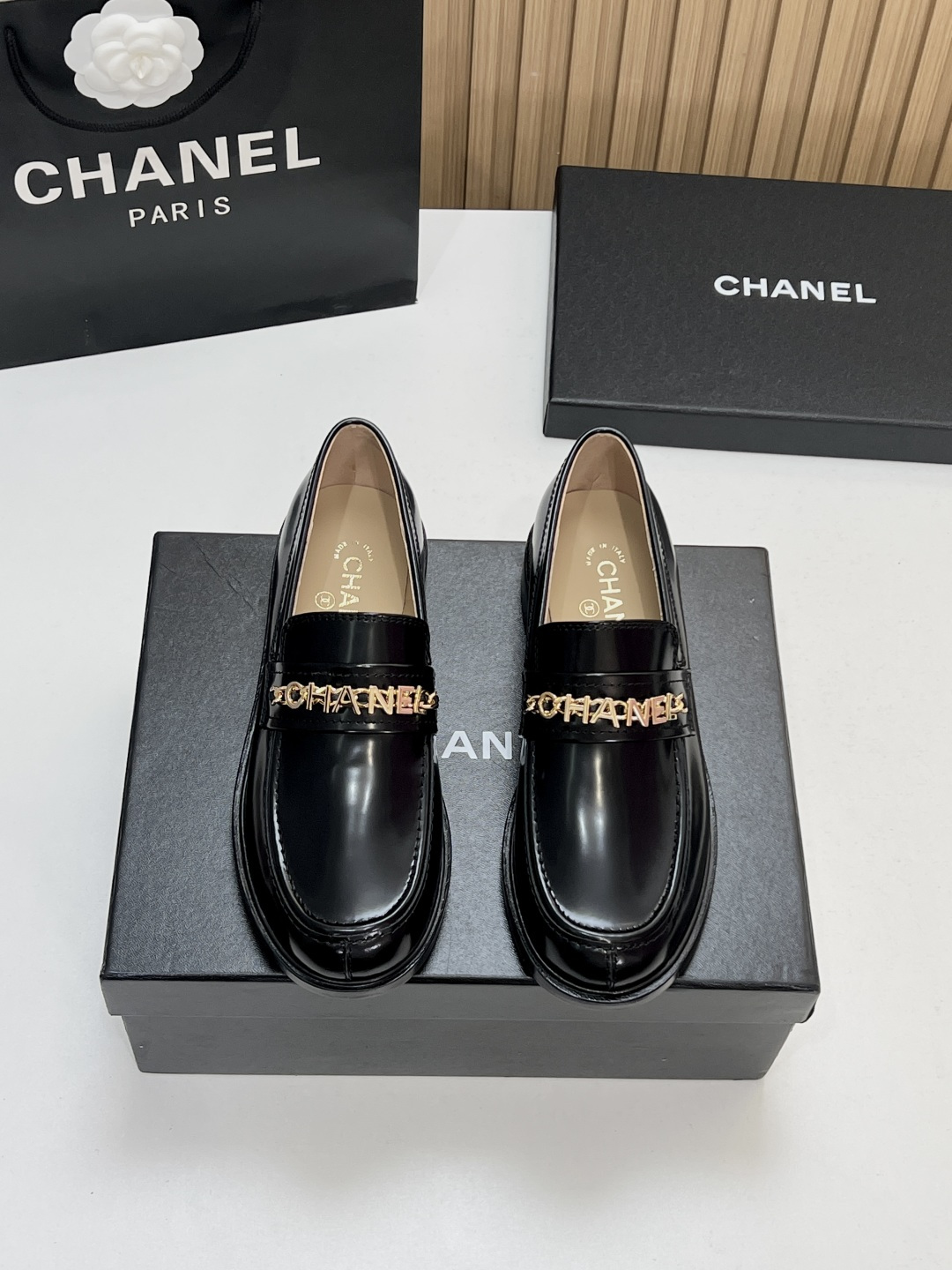 Chanel Black Chain Trim Loafers