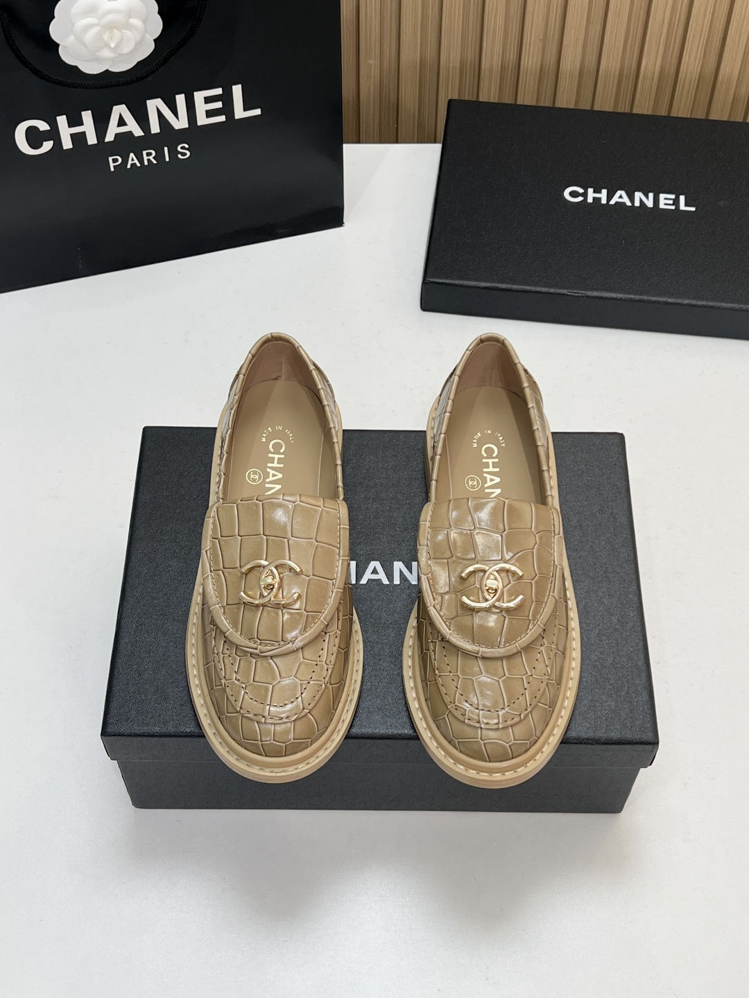 Chanel Tan Logo Loafers