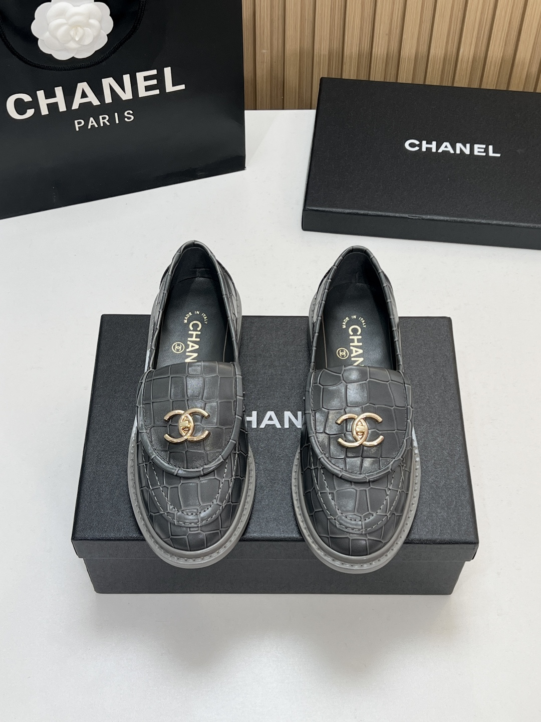 Chanel Gray Logo Loafers