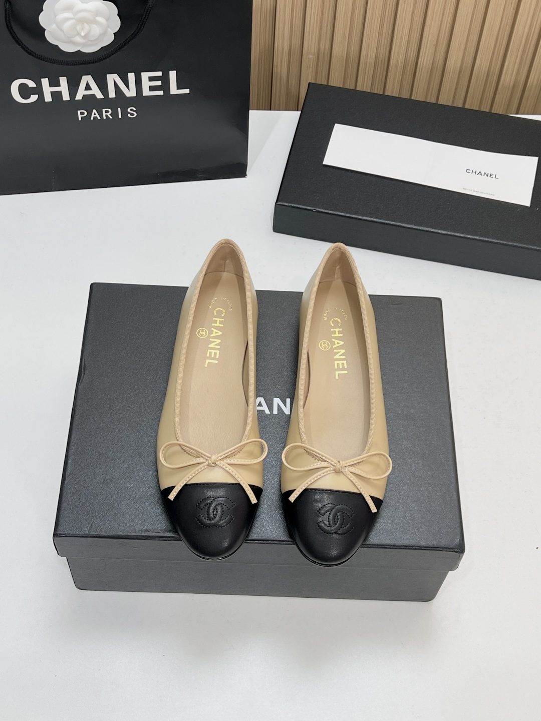 Chanel Beige Cap-Toe Bow Ballet Flats