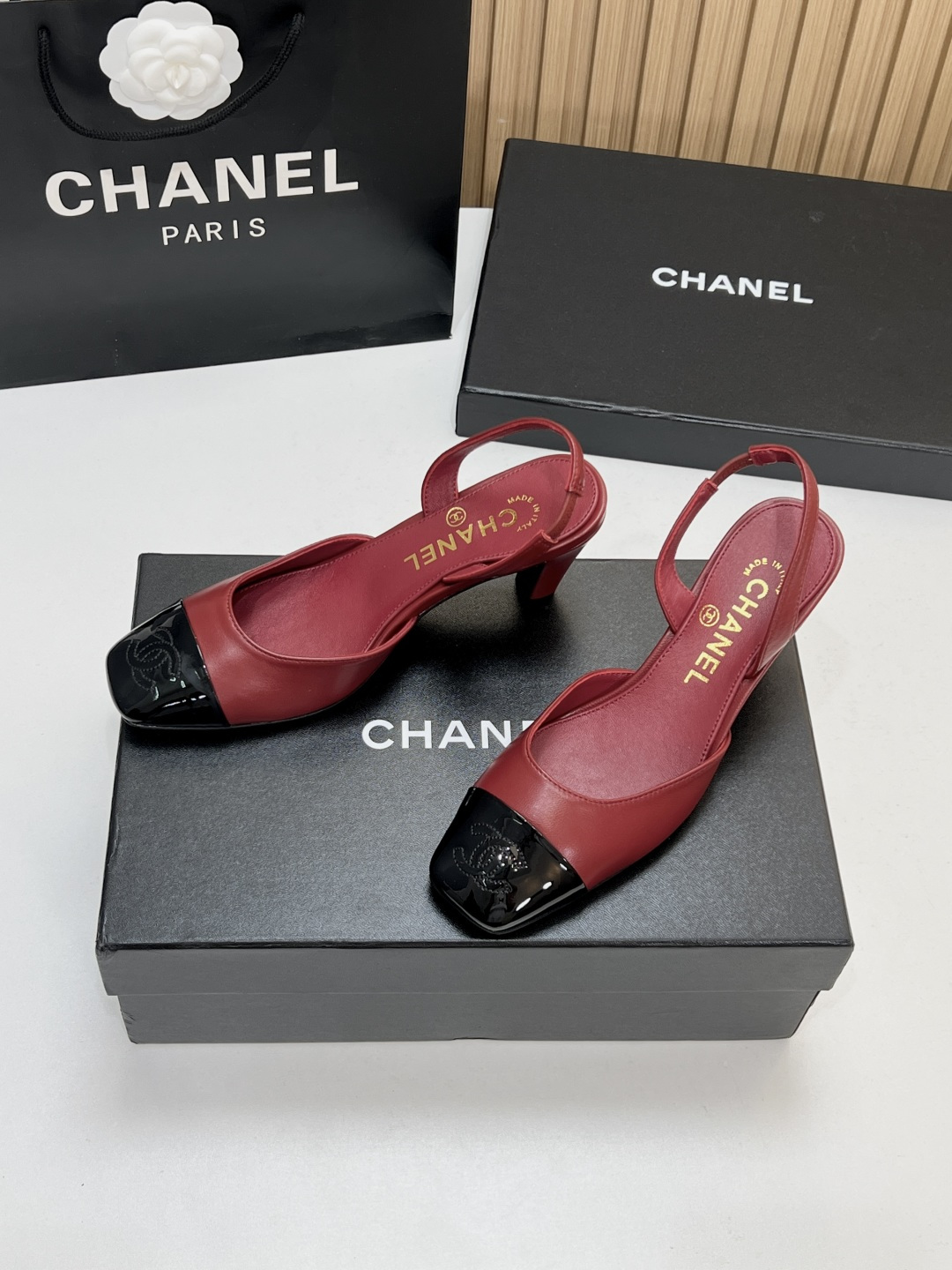 Chanel Burgundy Cap-Toe Slingback Pumps
