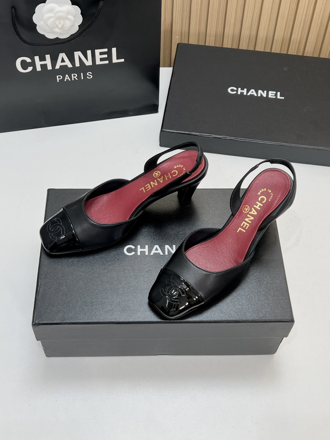 Chanel Black Cap-Toe Slingback Pumps