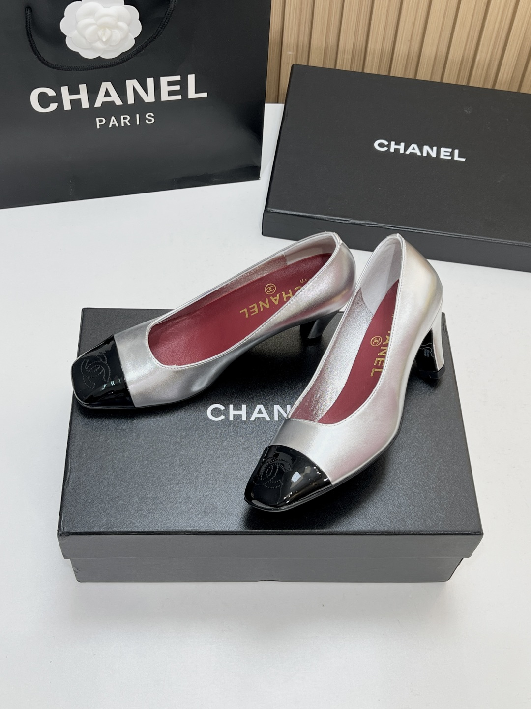 Chanel Silver Cap-Toe Pumps