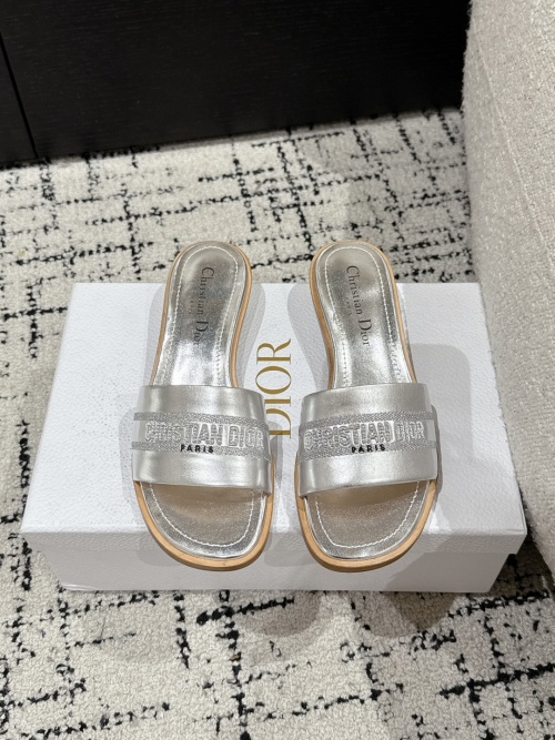 Dior D-Lane Silver Leather Flat Slides Sandals With Embroidered Logo 1 Dior D-Lane Silver Leather Flat Slides Sandals With Embroidered Logo