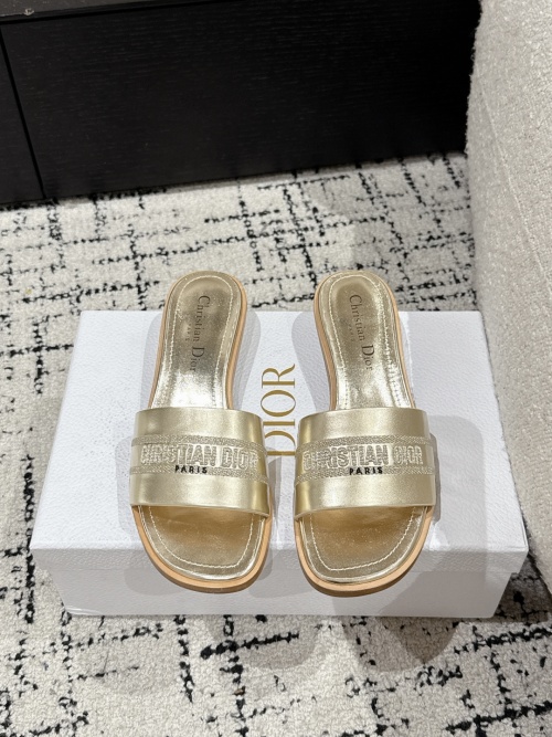 Dior D-Lane Gold Leather Flat Slides Sandals With Embroidered Logo 1 Dior D-Lane Gold Leather Flat Slides Sandals With Embroidered Logo
