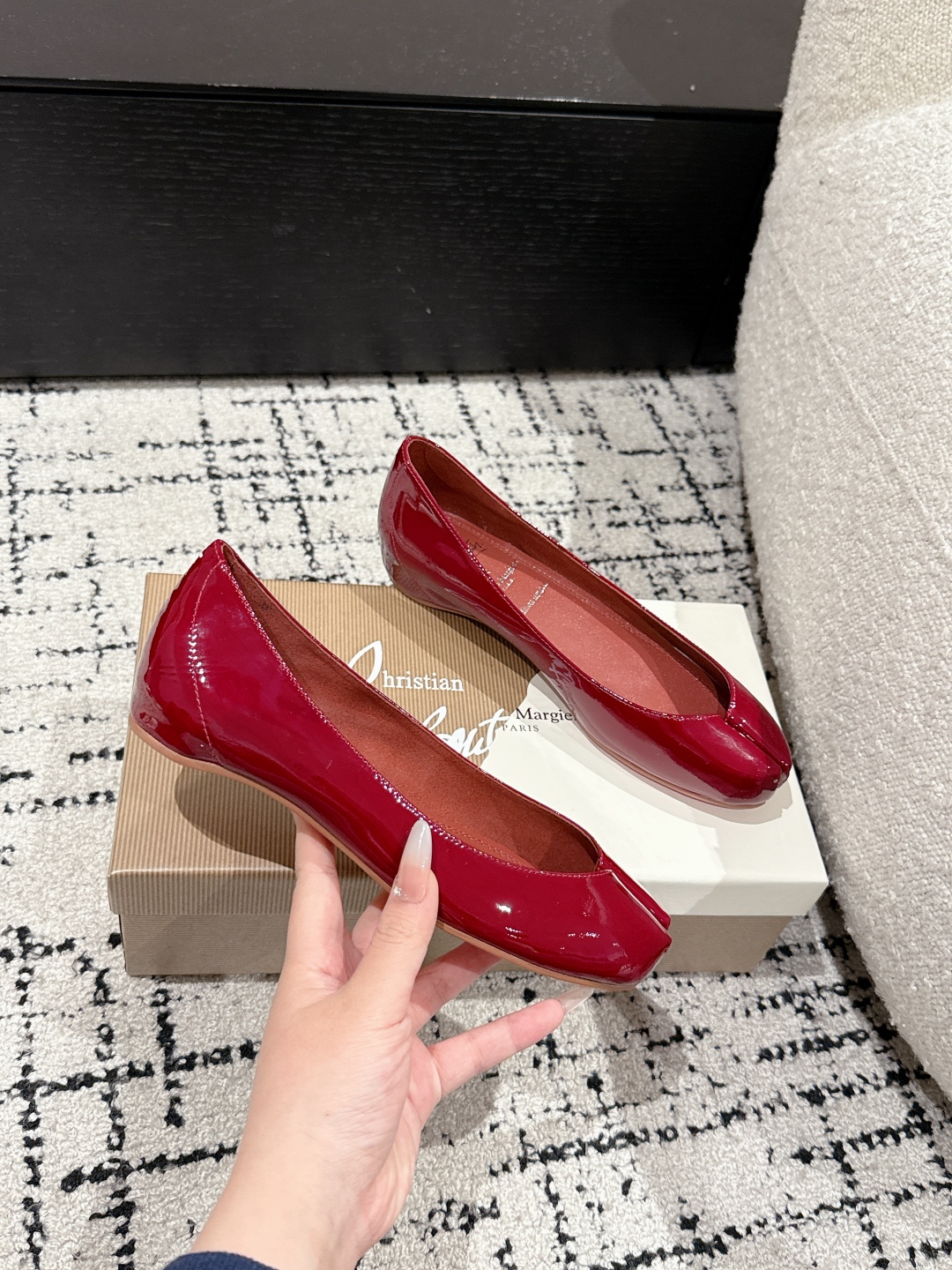 MM6 x CL Red Bottom Ballet Shoes: Original Design, Cow Paint Fabric, Sheepskin Lining