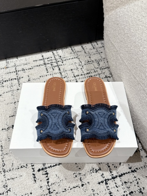 Celine Women's Blue Denim Triomphe Hardware Flat Summer Slides Sandals 1 Celine Women's Blue Denim Triomphe Hardware Flat Summer Slides Sandals