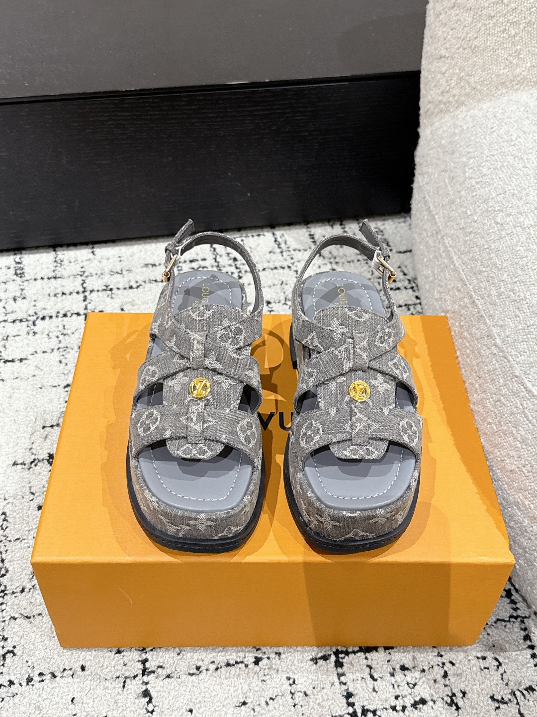 Louis Vuitton Maya Denim Flatform Sandals, Buckle Strap, Square Toe, Women's Size