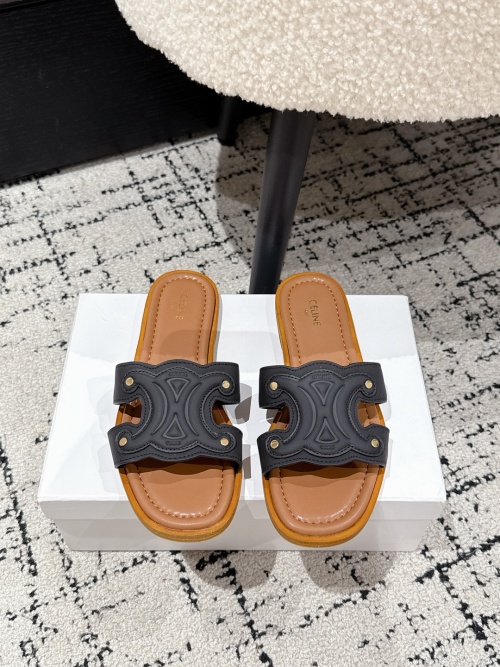 Celine Triomphe Black Leather & Tan Sole Slide Sandals - Sizes 35-40 1 Celine Triomphe Black Leather & Tan Sole Slide Sandals - Sizes 35-40