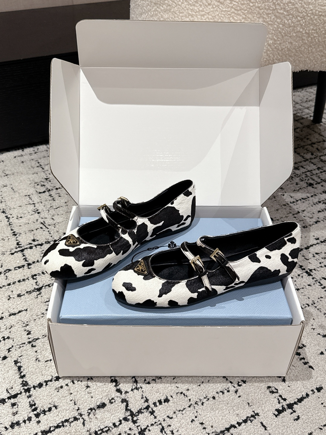 Prada Mary Jane Ballet Shoes: Top Version with Cone Heel, Horse Hair, and Sheep Inner for Comfort. Sizes 35-41.