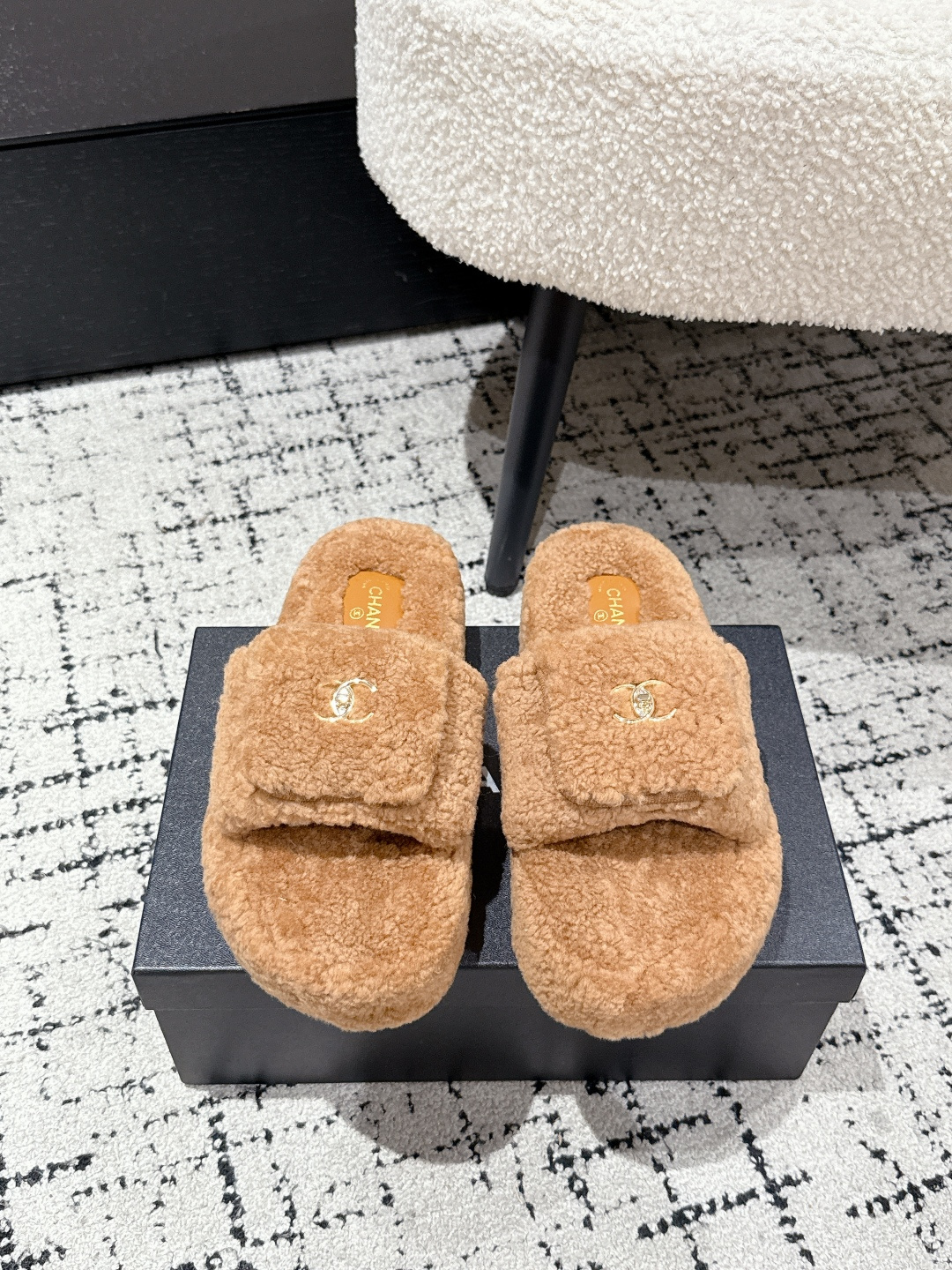 Chanel Shearling CC Logo Slides Women's Comfort Slippers, Beige/Brown
