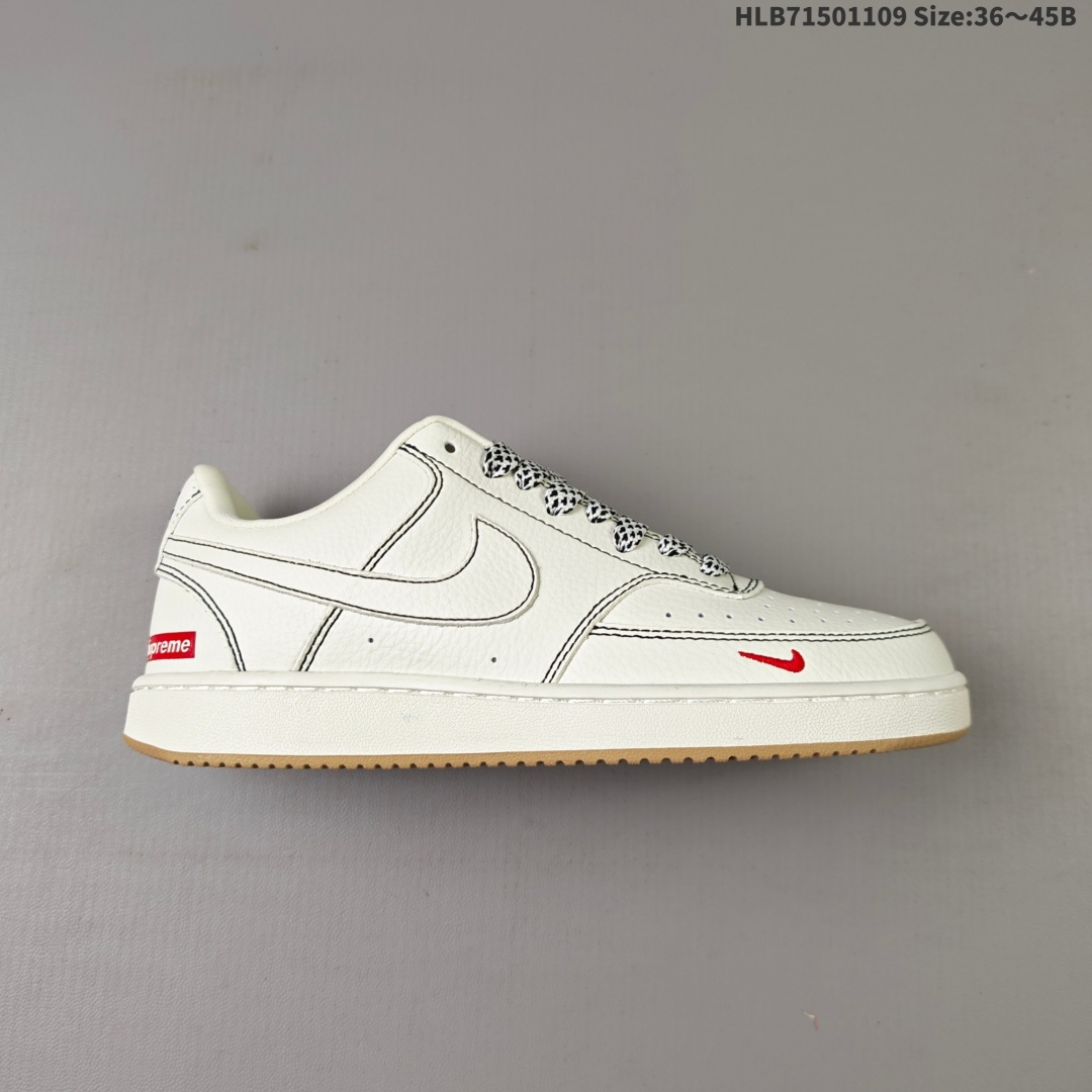 NIKE COURT VISION LOW supreme联名 定制小空军 正面、内侧、外侧、前面和后面视角看下这双白又白的小白鞋,它好像是一双经典的糅合.比较舒服简单的经典设计,有层次的皮革剪裁造型鞋面+一个大大的swoosh,鞋底厚度适中 货号:CS5288 013 HLB71501109 B