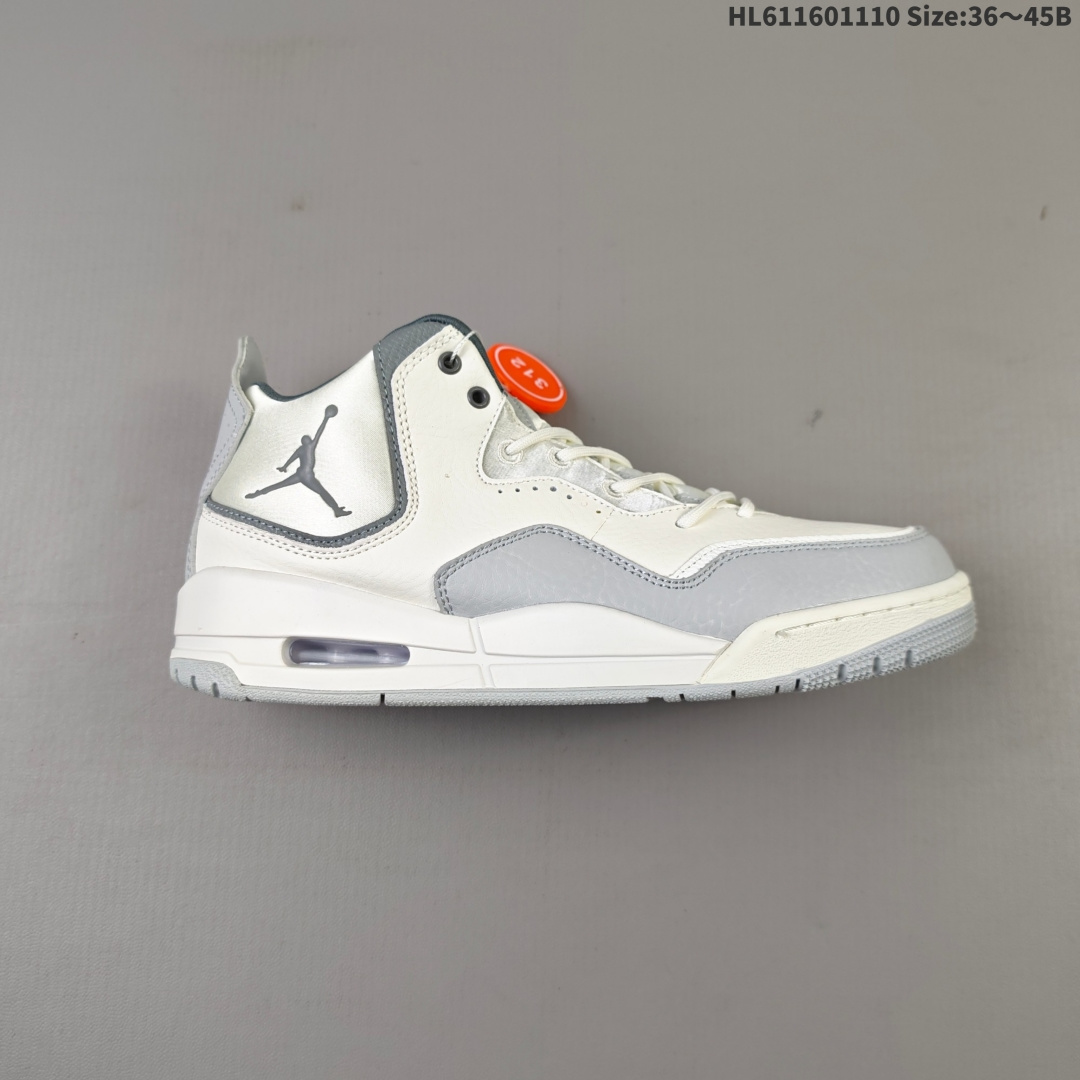 NIKE AIR JORDAN COURTSIDE 23 人气单品 AJ23代柔软舒适,是作为Air Jordan 3到Air Jordan 4之间的过渡产品,和Air Jordan 3的造型非常相似,可视化NIKE AIR缓震配置,营造柔软舒适的脚感,橡胶外底,在多种地面均有出色抓地力 货号:HQ1192 101 HL611601110 B