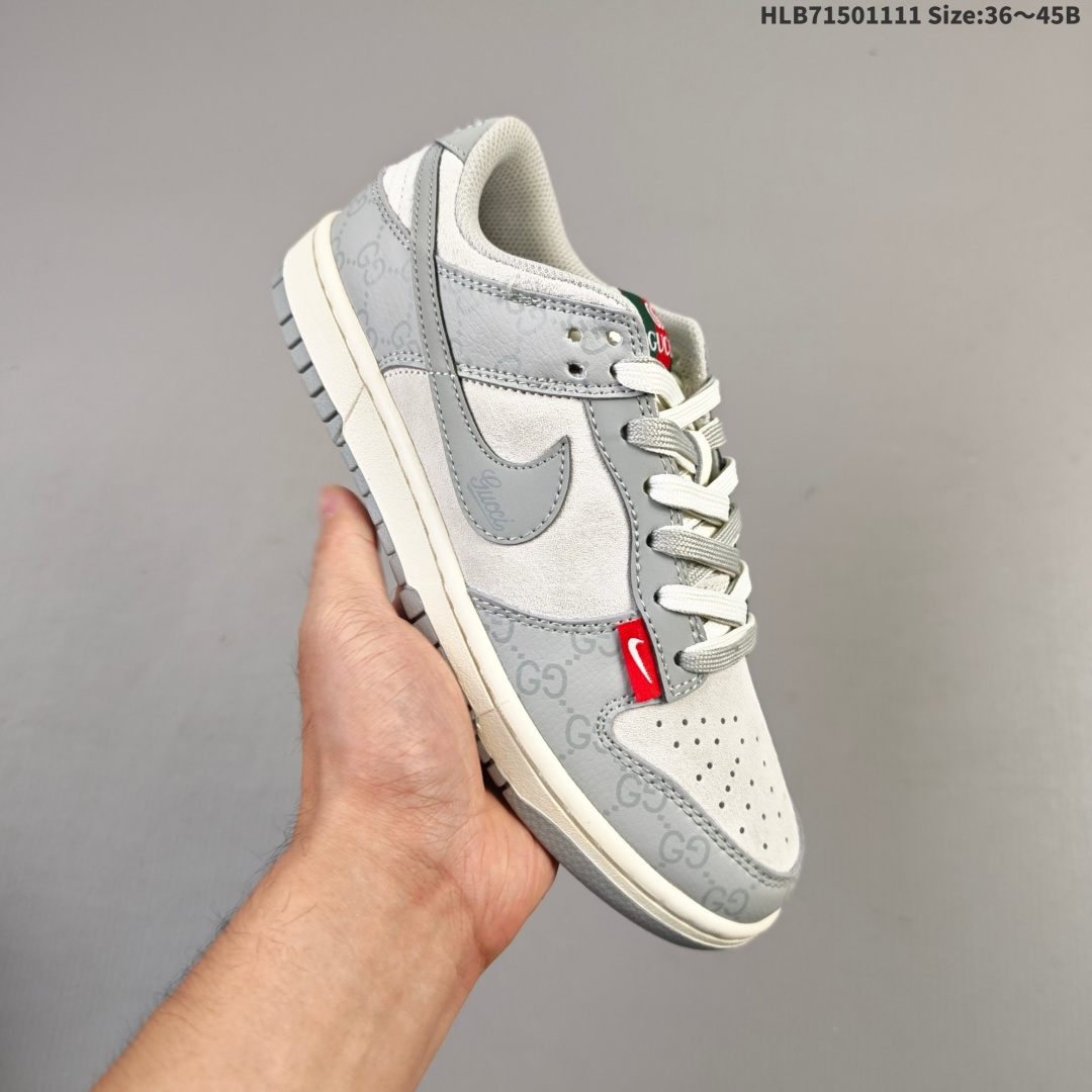 集合💰150
NIKE DUNK SB LOW 全新配色  GUCCI迪奥联名
定制Dunk SB顾名思义，具有经典的Dunk血缘，又注入了更多的时尚元素。相较于普通的Dunk滑板鞋，改良版的Dunk SB加厚了鞋舌的填充，使舒适性大大提升，同时也更方便穿脱；中底部分则加入了脚感柔软舒适Zoom Air气垫，有效吸收滑板等极限运动在落地时带来的冲击力，为街头运动者们提供更好的保护  
货号：DM6868 013
尺码：36 36.5 37.5 38 38.5 39 40 40.5 41 42 42.5 43 44 45
编码：HLB71501111 Size:36～45B