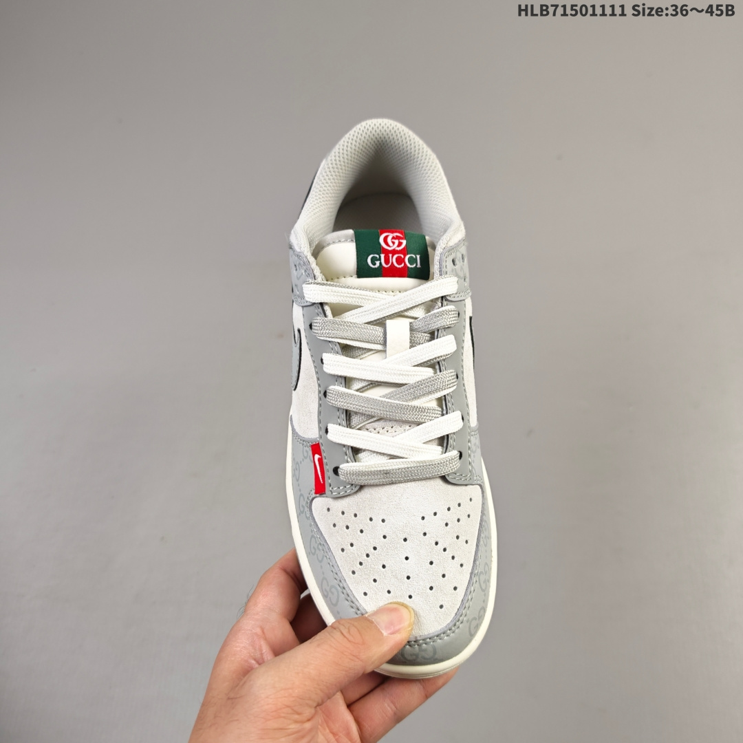 💰150
NIKE DUNK SB LOW 全新配色  GUCCI迪奥联名
定制Dunk SB顾名思义，具有经典的Dunk血缘，又注入了更多的时尚元素。相较于普通的Dunk滑板鞋，改良版的Dunk SB加厚了鞋舌的填充，使舒适性大大提升，同时也更方便穿脱；中底部分则加入了脚感柔软舒适Zoom Air气垫，有效吸收滑板等极限运动在落地时带来的冲击力，为街头运动者们提供更好的保护  
货号：DM6868 013
尺码：36 36.5 37.5 38 38.5 39 40 40.5 41 42 42.5 43 44 45
编码：HLB71501111 Size:36～45B