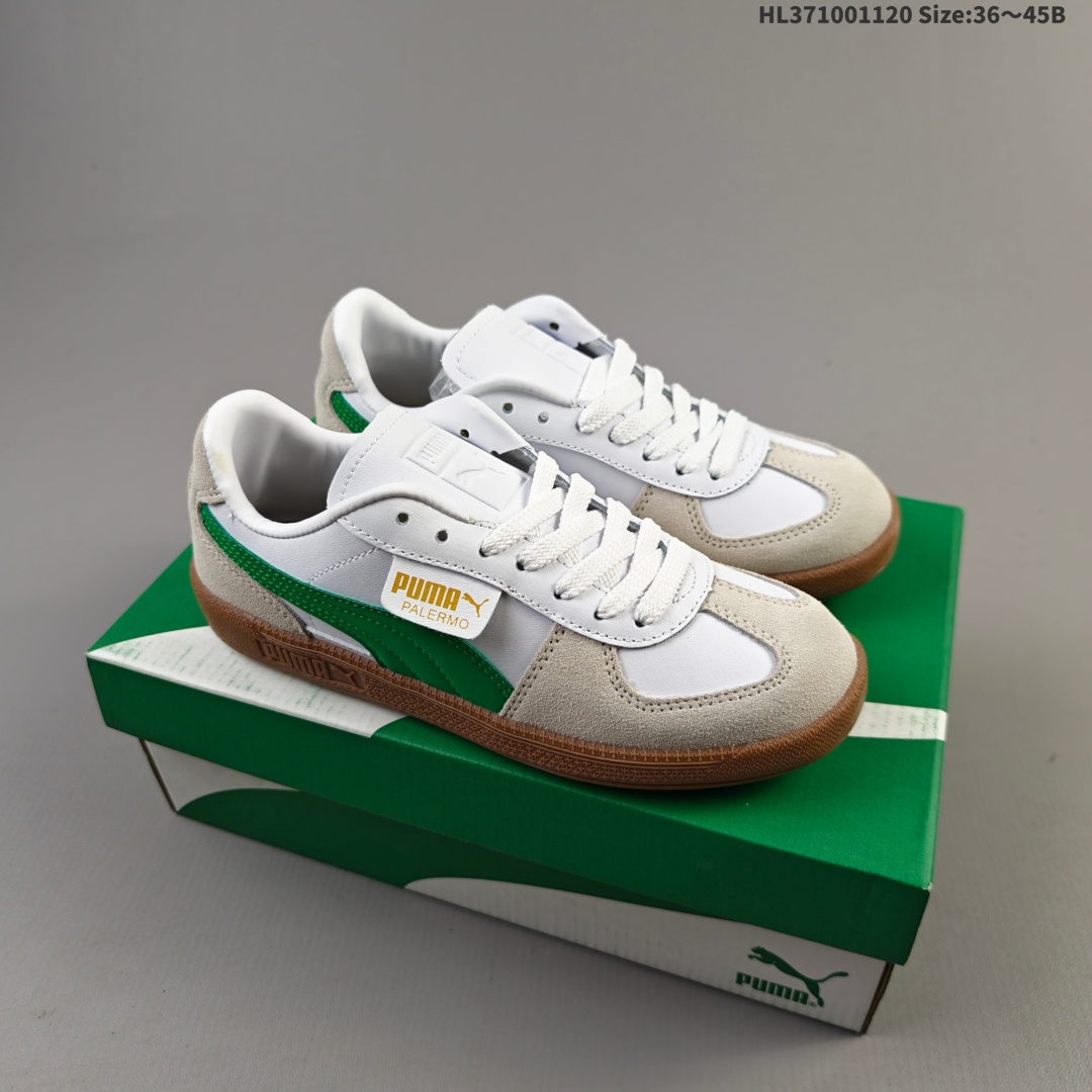 集合一💰100
✅Puma Palermo 黑白
舒适百搭低帮德训板鞋
孔眼底座和脚趾凸起由绒面革材料制成 
支持侧踏时的踏步工作 
脚背和侧板采用尼龙网布 
即使在健身房等使用环境中也能确保透气性 
像吸盘一样的设计是为了提高体育馆表面的抓地力性能
货号：396463-10
尺码: 36 36.5 37.5 38 38.5 39 40 40.5 41 42 42.5 43 44 45
编码：HL371001120 Size:36～45B