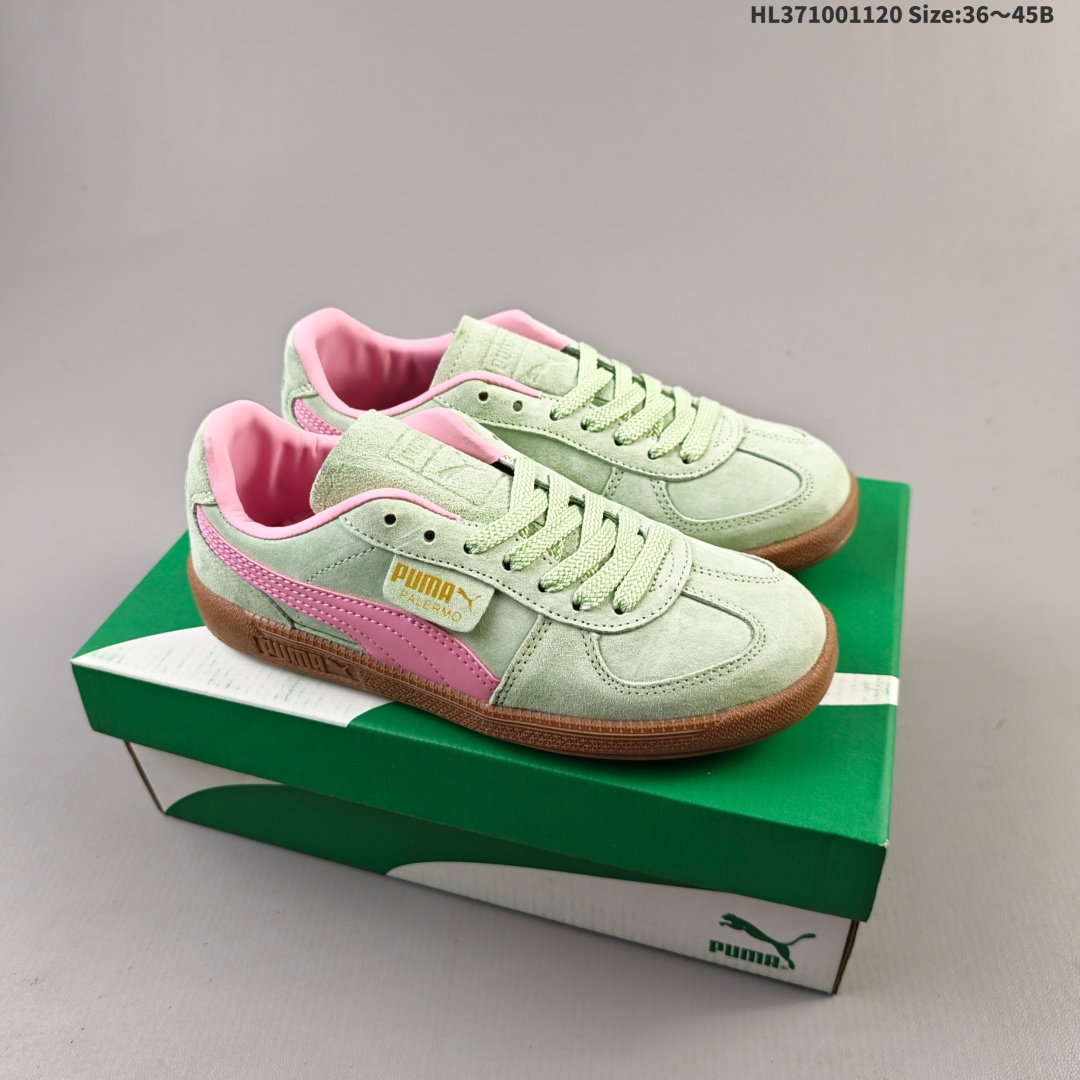 集合二💰100
✅Puma Palermo 黑白
舒适百搭低帮德训板鞋
孔眼底座和脚趾凸起由绒面革材料制成 
支持侧踏时的踏步工作 
脚背和侧板采用尼龙网布 
即使在健身房等使用环境中也能确保透气性 
像吸盘一样的设计是为了提高体育馆表面的抓地力性能
货号：396463-10
尺码: 36 36.5 37.5 38 38.5 39 40 40.5 41 42 42.5 43 44 45
编码：HL371001120 Size:36～45B