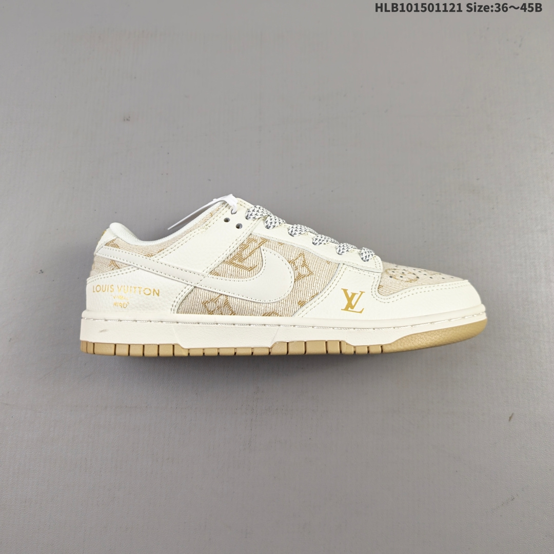💰150
NIKE DUNK SB LOW 全新配色   LV联名
定制Dunk SB顾名思义，具有经典的Dunk血缘，又注入了更多的时尚元素。相较于普通的Dunk滑板鞋，改良版的Dunk SB加厚了鞋舌的填充，使舒适性大大提升，同时也更方便穿脱；中底部分则加入了脚感柔软舒适Zoom Air气垫，有效吸收滑板等极限运动在落地时带来的冲击力，为街头运动者们提供更好的保护  
货号：JP1628 007
尺码：36 36.5 37.5 38 38.5 39 40 40.5 41 42 42.5 43 44 45HLB101501121 Size:36～45B
