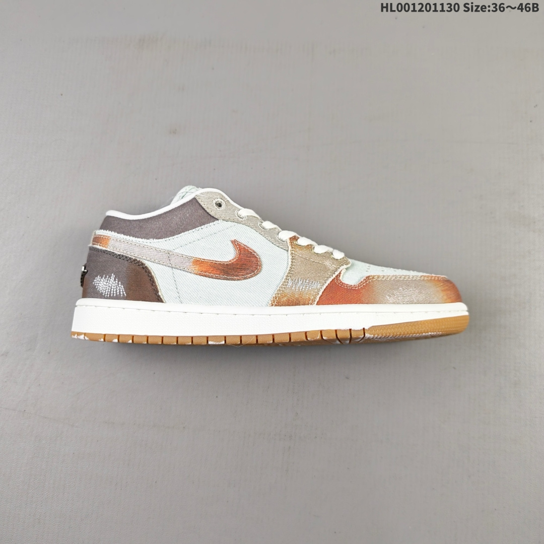 💰120
真标带半码
Air Jordan 1 Low SE "Multi-Color Distressed" 低帮 做旧蓝棕 AJ1 乔丹1代 aj1 乔1 低邦 蓝棕 乔丹篮球鞋系列 近日，Jordan又为我们带来一款极具创新的Air Jordan 1 Low ，将经典鞋款推向全新境界。这款AJ1摒弃了传统皮革材质，转而采用毛边帆布面板与做旧细节，营造出自然磨损的复古质感。棕、橙、灰等大地色调的覆面与泼墨般的斑驳印记形成鲜明对比，赋予球鞋粗犷的街头风格。设计亮点还包括鞋跟处闪耀的Wings Logo标志和鞋舌上的金属Jumpman LLogo标识；鞋身两侧Swoosh Logos采用棕色点缀，搭配经粉尘刷痕处理的生胶外底，完美呼应整体复古设计主题，这些细节共同营造出「上脚即穿出岁月感」的独特视觉效果。
货号：IM6664-991
尺码：36 36.5 37.5 38 38.5 39 40 40.5 41 42 42.5 43 44 44.5 45 46HL001201130 Size:36～46B
