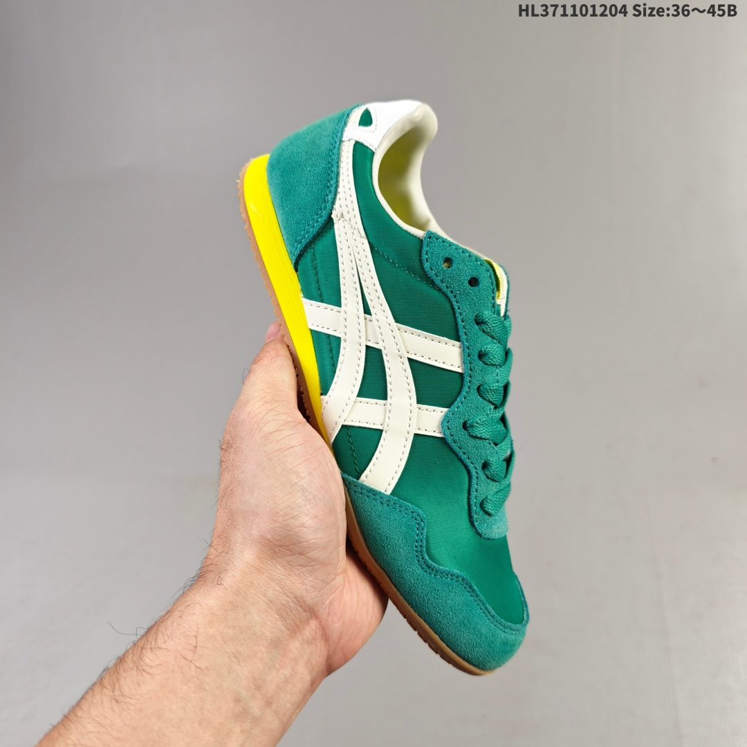 集合三💰110 Onitsuka Tiger鬼塚虎男女运动休闲鞋百搭轻便透气休闲鞋子SERRANO™ 中性运动鞋，Serrano系类是鬼塚虎多年来的畅销款之一，以马德里的塞拉诺大街命名，有为数众多的不同配色款。采用透气皮革+合成材料拼接的鞋面，真皮内里穿着舒适；特征为前部略上翘，薄底，中底采用solyte材料，EVA中底；轻巧而有弹性，穿着非常舒适。橡胶大底，不过有值友反馈不是很防滑，雨天慎穿。 货号：1183B400-407 编码:HL371101204 Size:36～45B