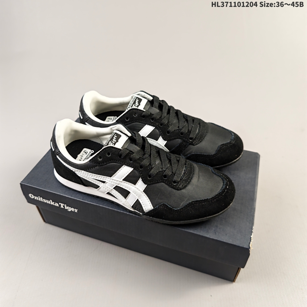 集合二💰110 Onitsuka Tiger鬼塚虎男女运动休闲鞋百搭轻便透气休闲鞋子SERRANO™ 中性运动鞋，Serrano系类是鬼塚虎多年来的畅销款之一，以马德里的塞拉诺大街命名，有为数众多的不同配色款。采用透气皮革+合成材料拼接的鞋面，真皮内里穿着舒适；特征为前部略上翘，薄底，中底采用solyte材料，EVA中底；轻巧而有弹性，穿着非常舒适。橡胶大底，不过有值友反馈不是很防滑，雨天慎穿。 货号：1183B400-407 编码:HL371101204 Size:36～45B