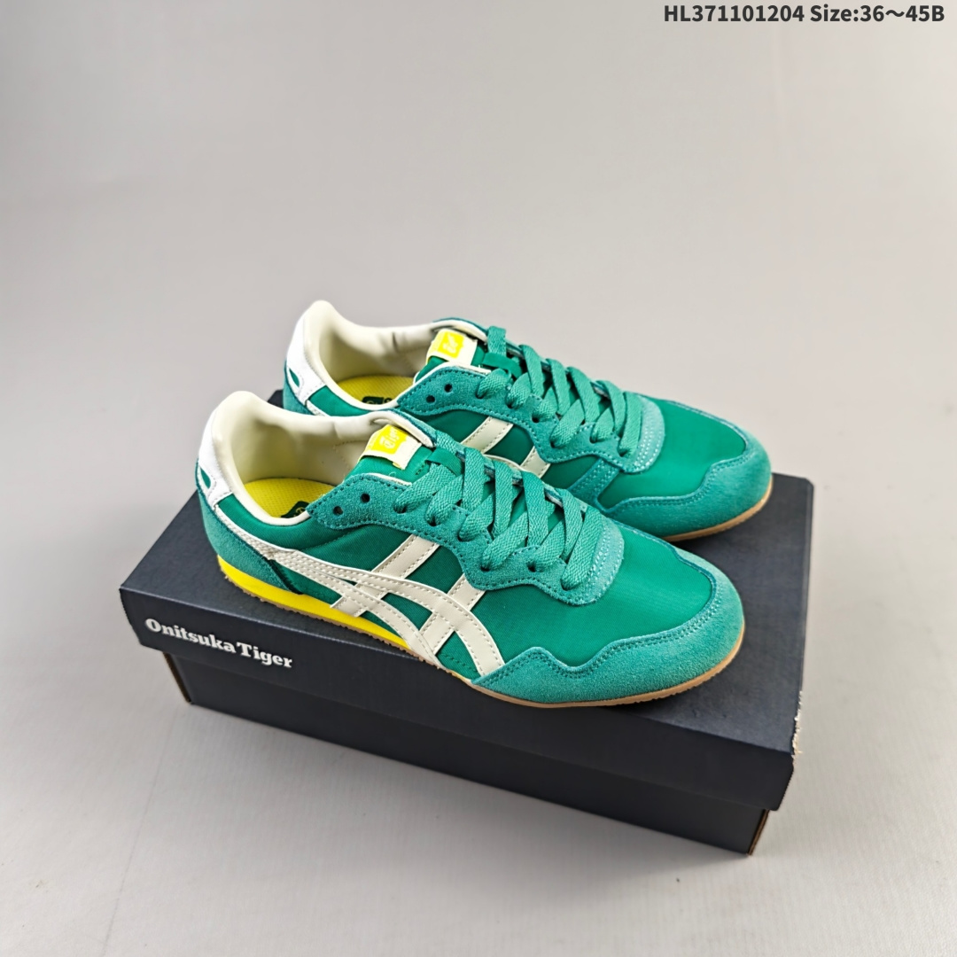 集合三💰110 Onitsuka Tiger鬼塚虎男女运动休闲鞋百搭轻便透气休闲鞋子SERRANO™ 中性运动鞋，Serrano系类是鬼塚虎多年来的畅销款之一，以马德里的塞拉诺大街命名，有为数众多的不同配色款。采用透气皮革+合成材料拼接的鞋面，真皮内里穿着舒适；特征为前部略上翘，薄底，中底采用solyte材料，EVA中底；轻巧而有弹性，穿着非常舒适。橡胶大底，不过有值友反馈不是很防滑，雨天慎穿。 货号：1183B400-407 编码:HL371101204 Size:36～45B