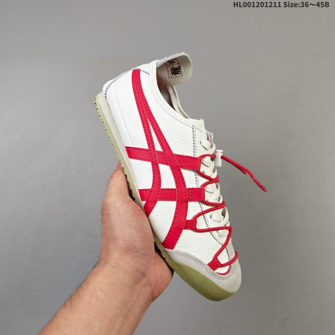 集合💰180
头层带半码
Onitsuka Tiger Mexico 66 阿斯克斯 亚瑟士 低帮 白红解构鞋带 圆头舒适减震耐磨低邦休闲跑步鞋男女同款 Mexico 66以1961年的练习鞋为原型，并与1966年研发出的鞋面Onitsuka Tiger Stripes设计结合。十字强补，后套的柔软后跟及后跟边设计都是其特色。薄底，细身是代表Onitsuka Tiger的标准鞋款。 此款Mexicoj 66系列 中性休闲运动鞋采用虎爪造型的Logos，鞋身稳定包裹系统，支撑鞋身。牛皮革帮面韧性佳，透气性好，耐磨性高。Onitsuka Tiger特有的橡胶配方，弹性及止滑效果良好。后跟X型部件设计，稳定结构保护后跟。鞋头外包橡胶片保护脚趾，耐磨损。
货号：1183C216-100
尺码：36 37 37.5 38 39 39.5 40 40.5 41.5 42 42.5 43.5 44 44.5 45HL001201211 Size:36～45B