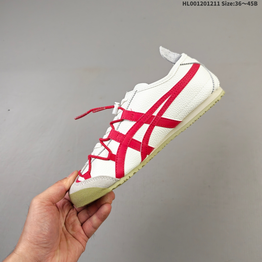 集合💰180
头层带半码
Onitsuka Tiger Mexico 66 阿斯克斯 亚瑟士 低帮 白红解构鞋带 圆头舒适减震耐磨低邦休闲跑步鞋男女同款 Mexico 66以1961年的练习鞋为原型，并与1966年研发出的鞋面Onitsuka Tiger Stripes设计结合。十字强补，后套的柔软后跟及后跟边设计都是其特色。薄底，细身是代表Onitsuka Tiger的标准鞋款。 此款Mexicoj 66系列 中性休闲运动鞋采用虎爪造型的Logos，鞋身稳定包裹系统，支撑鞋身。牛皮革帮面韧性佳，透气性好，耐磨性高。Onitsuka Tiger特有的橡胶配方，弹性及止滑效果良好。后跟X型部件设计，稳定结构保护后跟。鞋头外包橡胶片保护脚趾，耐磨损。
货号：1183C216-100
尺码：36 37 37.5 38 39 39.5 40 40.5 41.5 42 42.5 43.5 44 44.5 45HL001201211 Size:36～45B