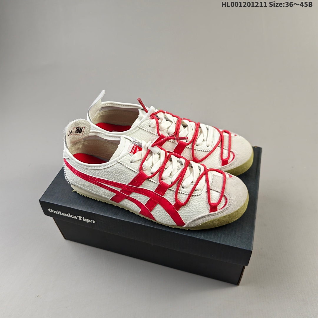 集合💰180
头层带半码
Onitsuka Tiger Mexico 66 阿斯克斯 亚瑟士 低帮 白红解构鞋带 圆头舒适减震耐磨低邦休闲跑步鞋男女同款 Mexico 66以1961年的练习鞋为原型，并与1966年研发出的鞋面Onitsuka Tiger Stripes设计结合。十字强补，后套的柔软后跟及后跟边设计都是其特色。薄底，细身是代表Onitsuka Tiger的标准鞋款。 此款Mexicoj 66系列 中性休闲运动鞋采用虎爪造型的Logos，鞋身稳定包裹系统，支撑鞋身。牛皮革帮面韧性佳，透气性好，耐磨性高。Onitsuka Tiger特有的橡胶配方，弹性及止滑效果良好。后跟X型部件设计，稳定结构保护后跟。鞋头外包橡胶片保护脚趾，耐磨损。
货号：1183C216-100
尺码：36 37 37.5 38 39 39.5 40 40.5 41.5 42 42.5 43.5 44 44.5 45HL001201211 Size:36～45B