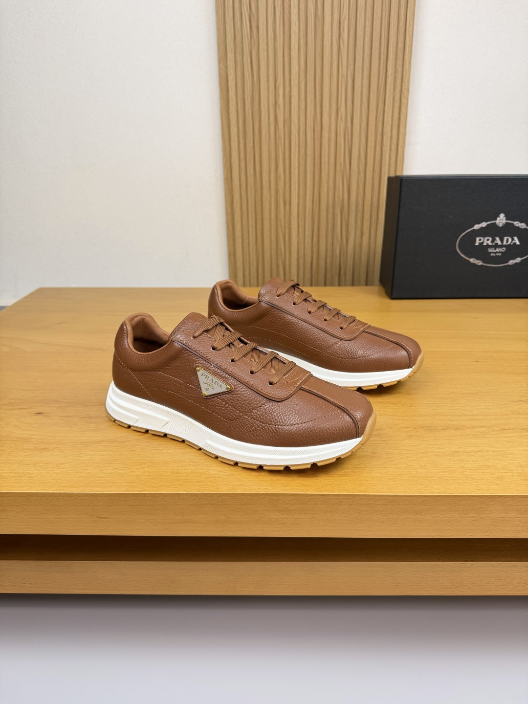 Prada Brown Leather Casual Sneakers with Embossed Logo – Sizes 38-44