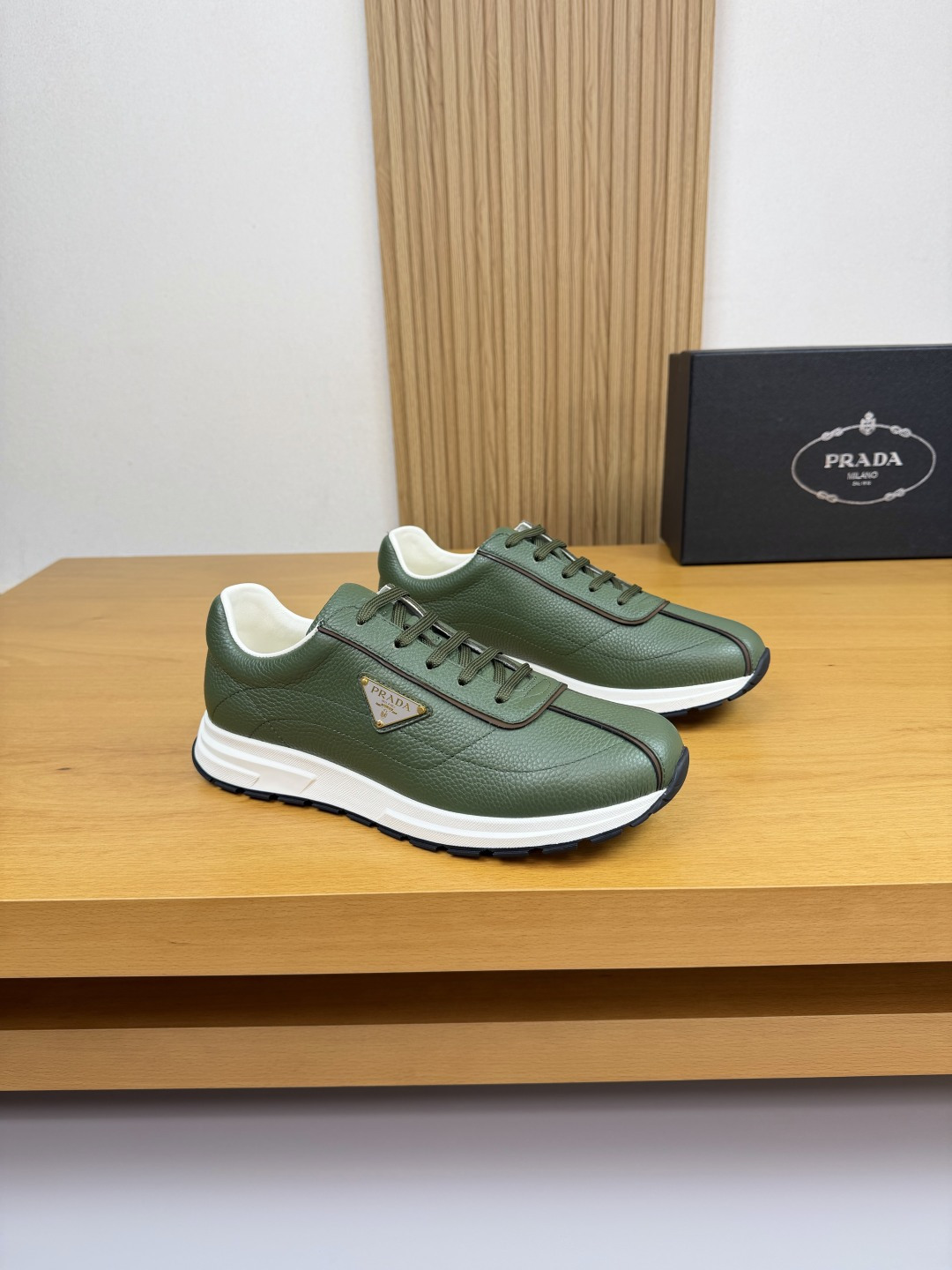 Prada Leather Sneakers with Logo Detail - Olive Green, Sizes 38-44